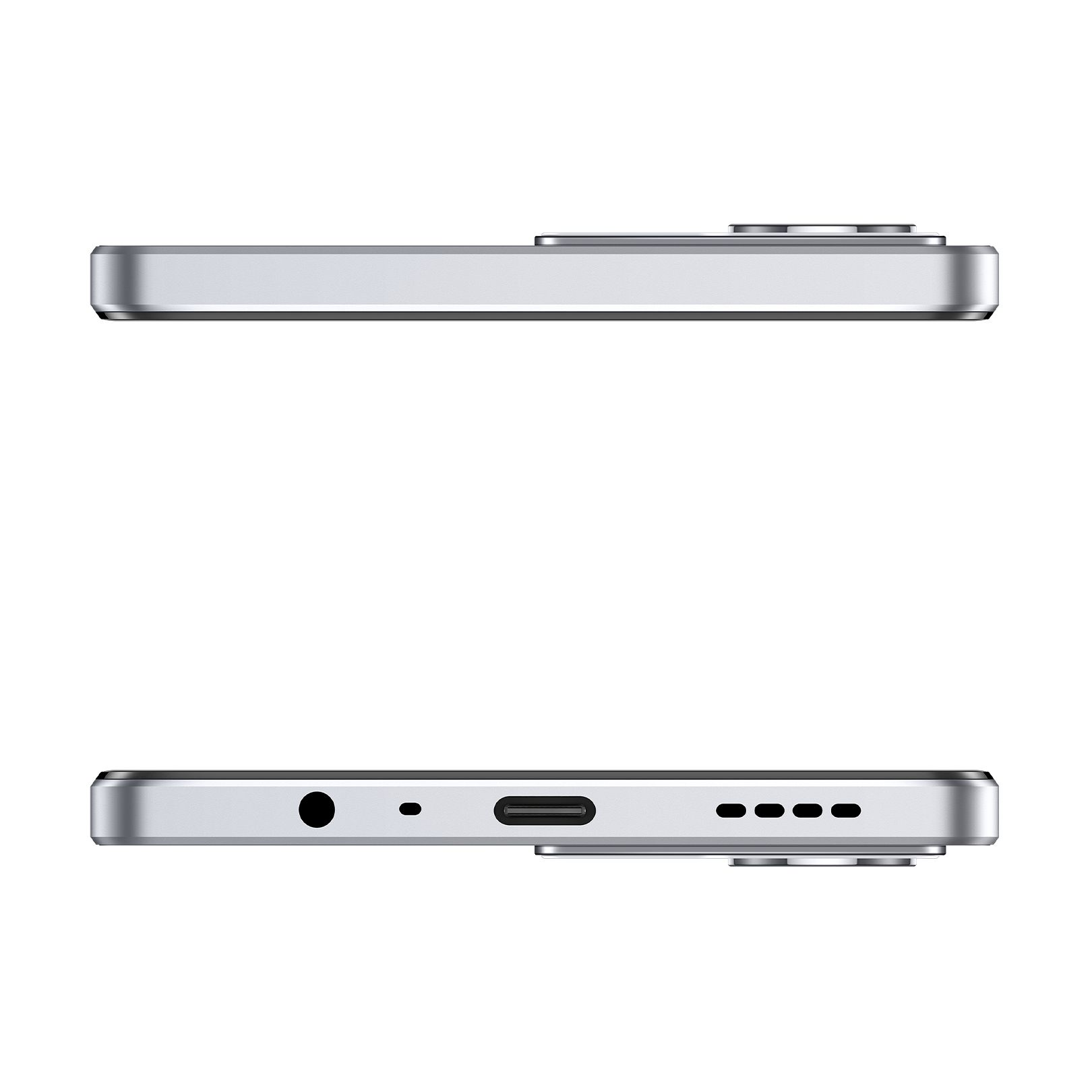 Nahaufnahme eines silbernen Smartphones mit Blick auf seine Kanten und Anschlüsse.
