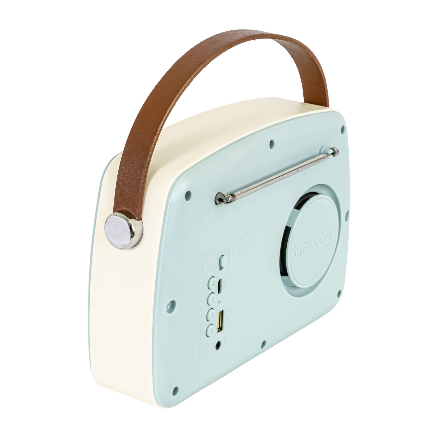 Una radio retrò blu chiaro e crema con manico in pelle e antenna.