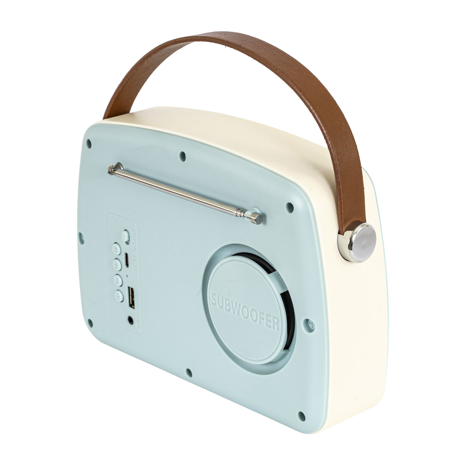 Una radio retrò azzurra e color crema con manico in pelle marrone e antenna argentata.