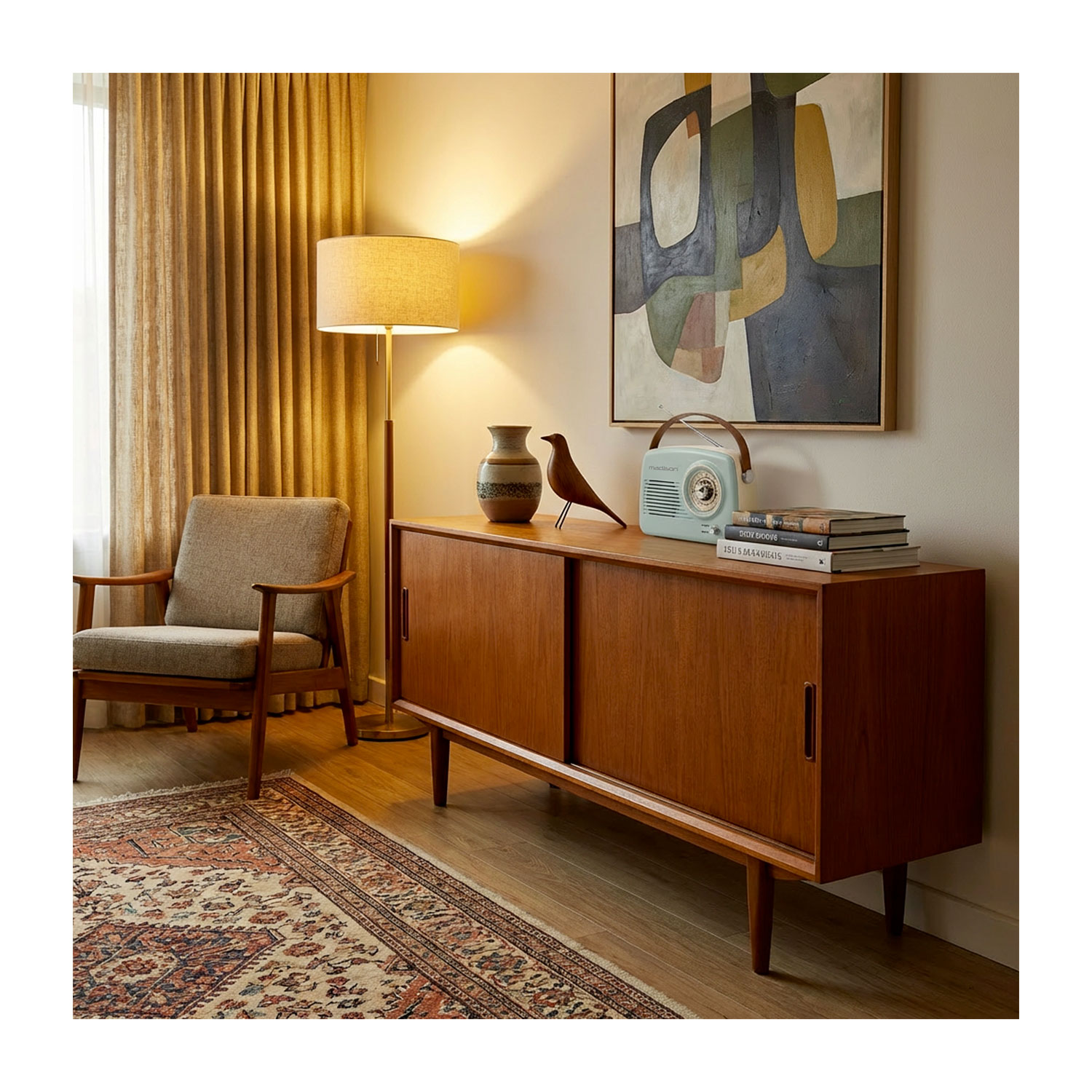 Una stanza in stile vintage con credenza in legno, poltrona, lampada da terra, tappeto e arte.