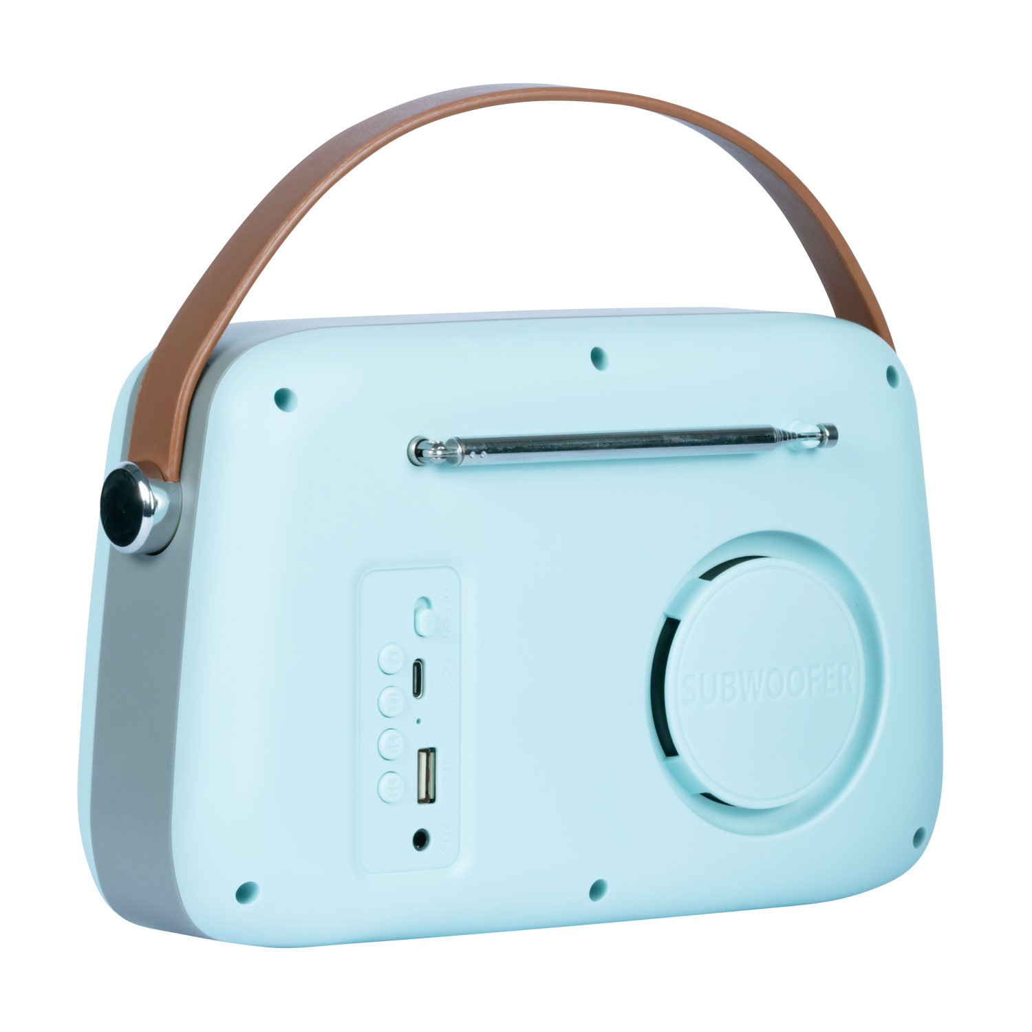 Hellblaue Retro-Radiotransportbox mit braunem Ledergriff, Antenne und Subwoofer-Gitter.