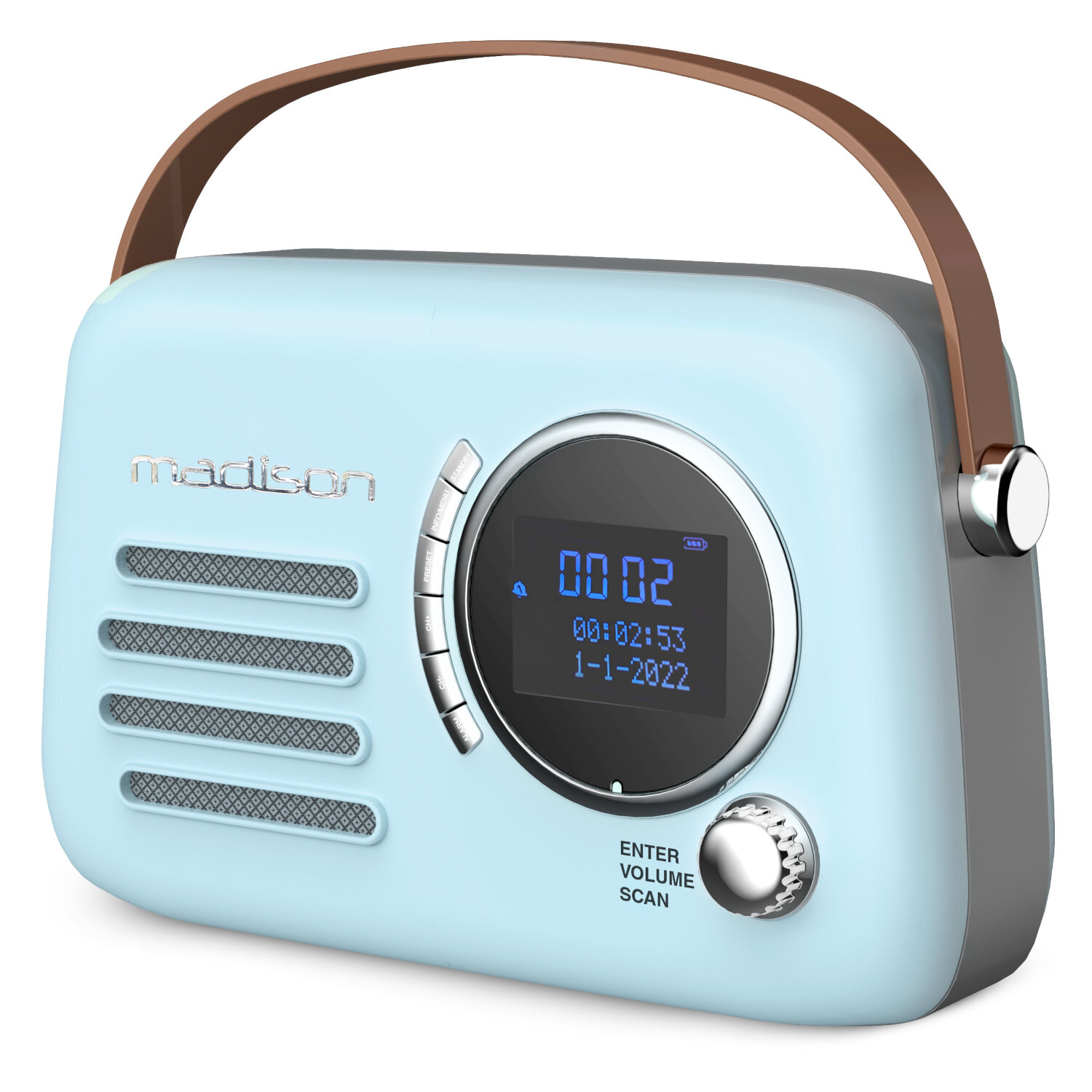 Ein hellblaues Retro-Radio mit braunem Griff, schwarzem Display und silbernem Knopf.