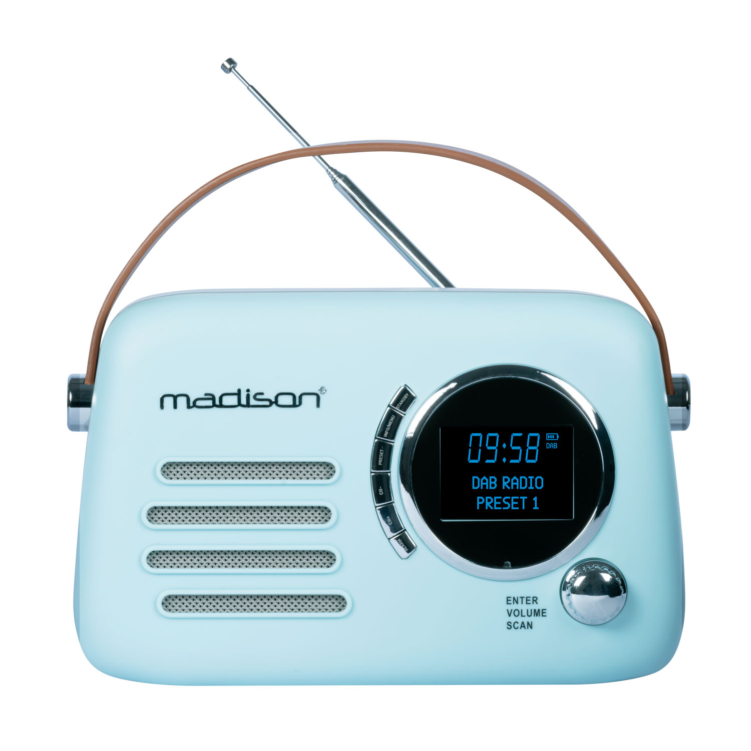 Ein hellblaues Retro-Radio mit Antenne, Ledergriff und digitalem Display.