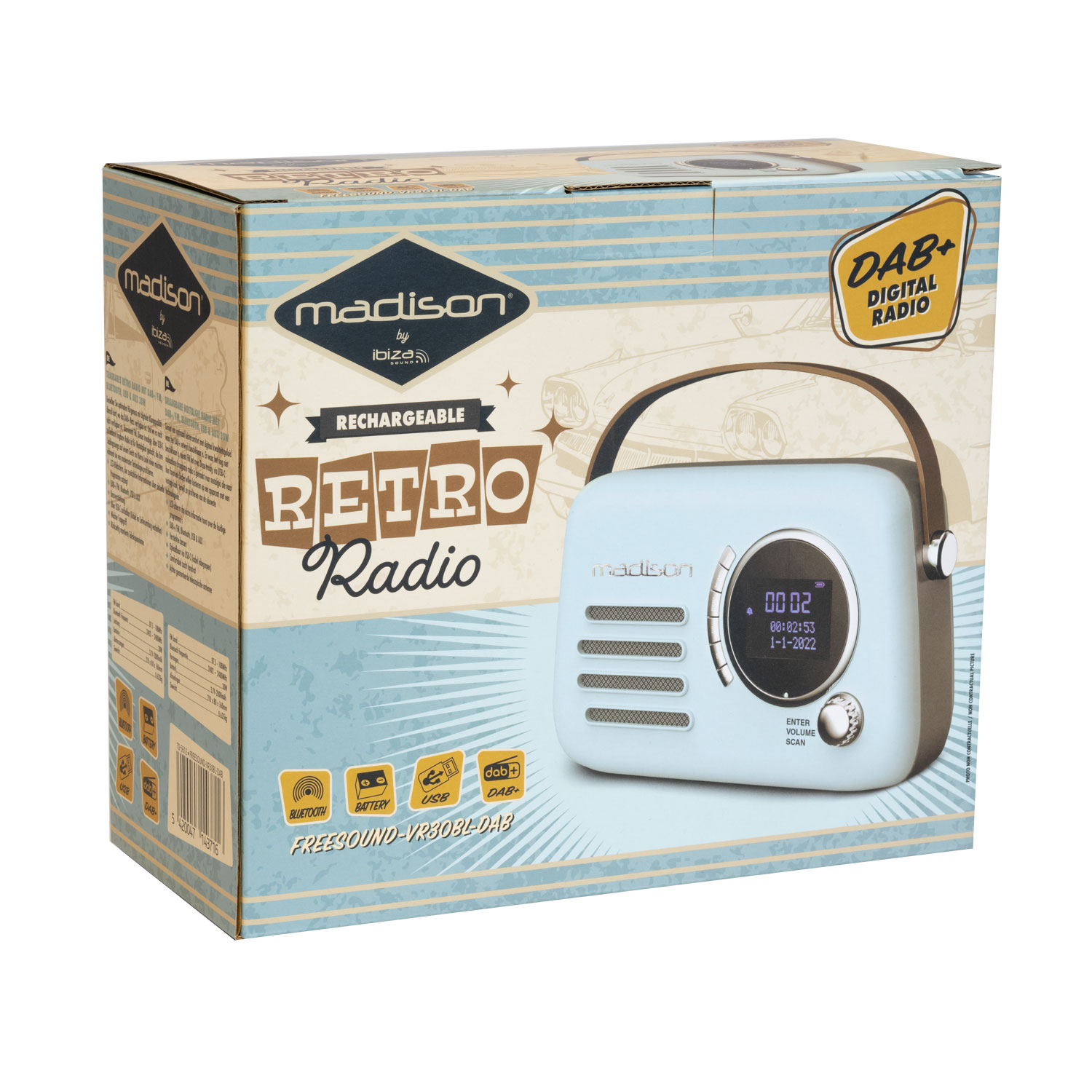 Verpackung eines hellblauen Retro-Radios mit DAB+ und Bluetooth.