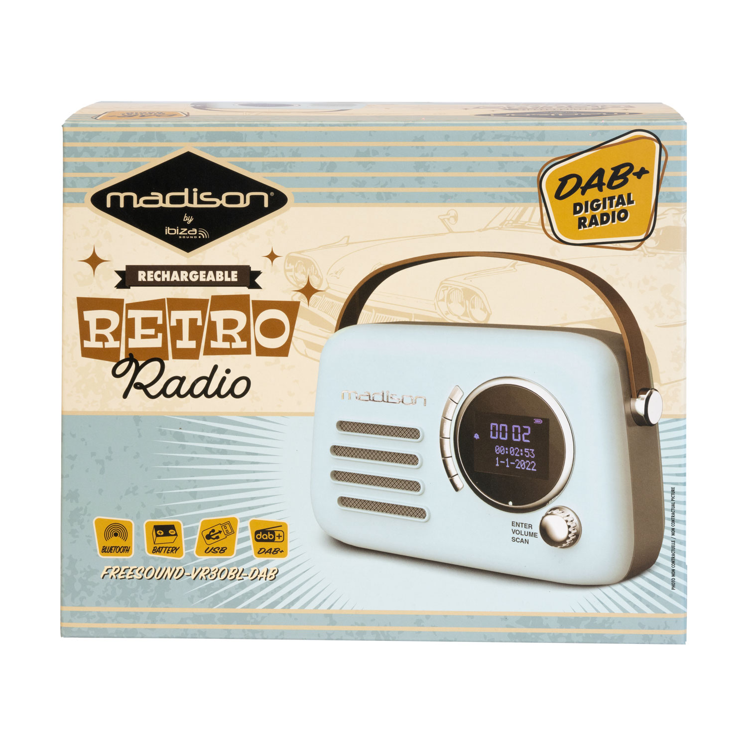 Hellblaues Retro-Radio mit DAB+, Bluetooth, USB und Batterie auf Karton.