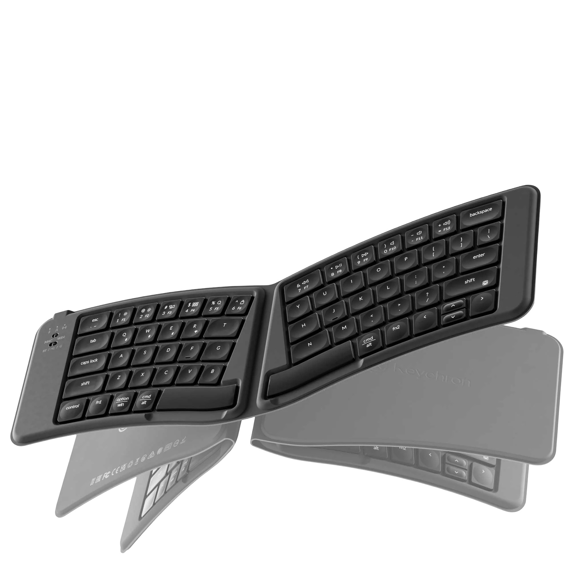 Czarna, podzielona klawiatura ergonomiczna jest pokazana na białym tle. Jest pod kątem.