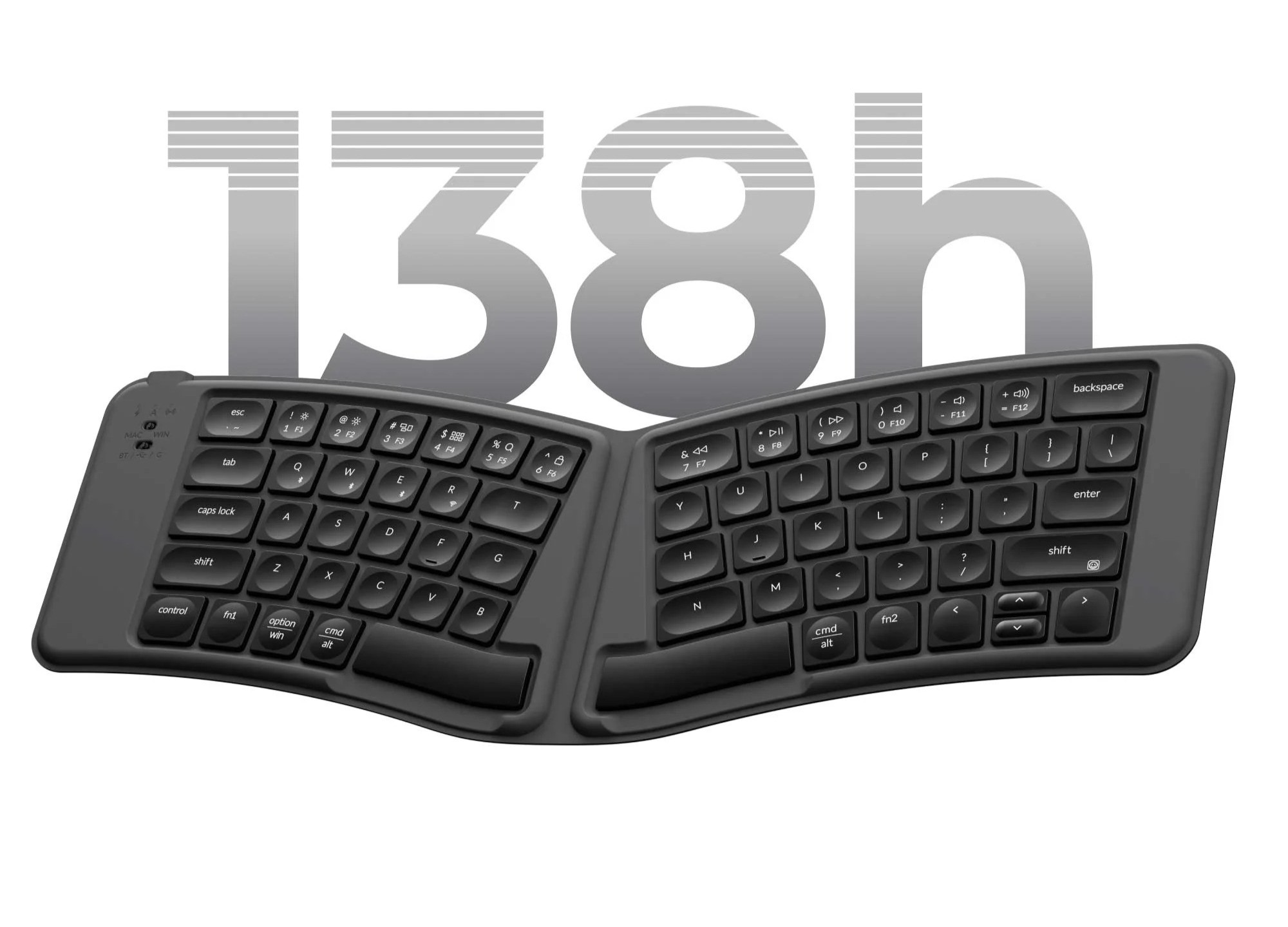 Ergonomiczna klawiatura dzielona z dużymi cyframi "138h" w tle.