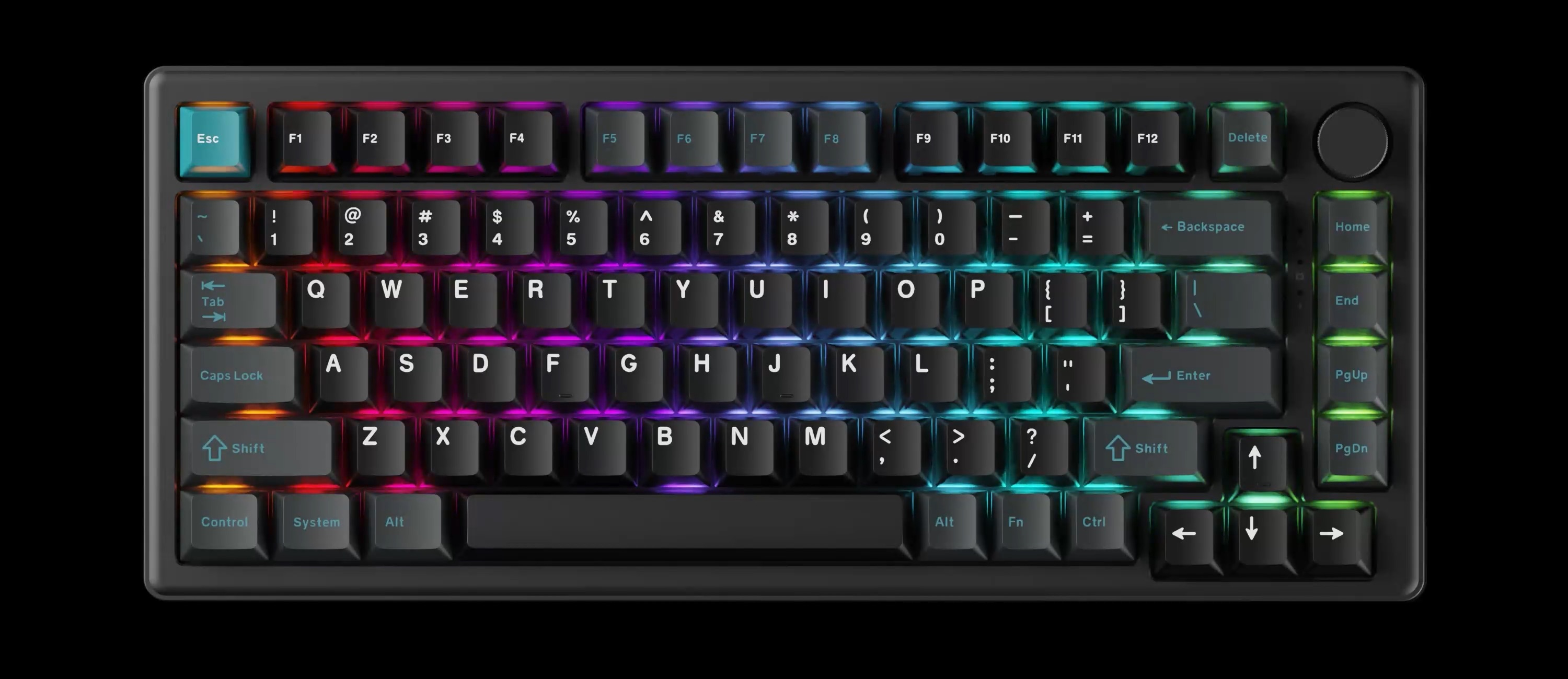 Czarna klawiatura z podświetleniem RGB pokazującym efekt tęczowego gradientu.