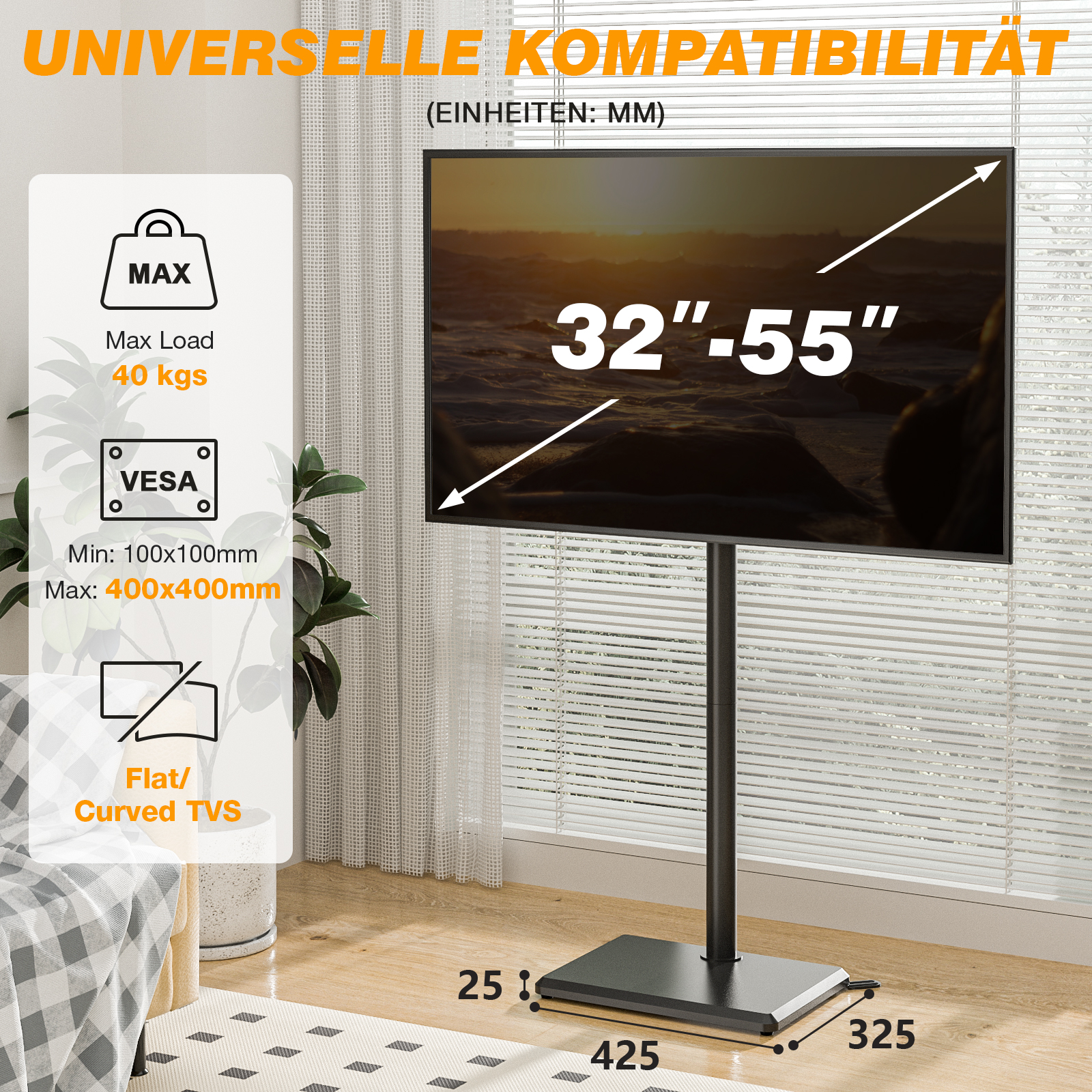 Ein TV-Ständer für 32-55 Zoll TVs, max. 40kg, VESA 400x400mm.