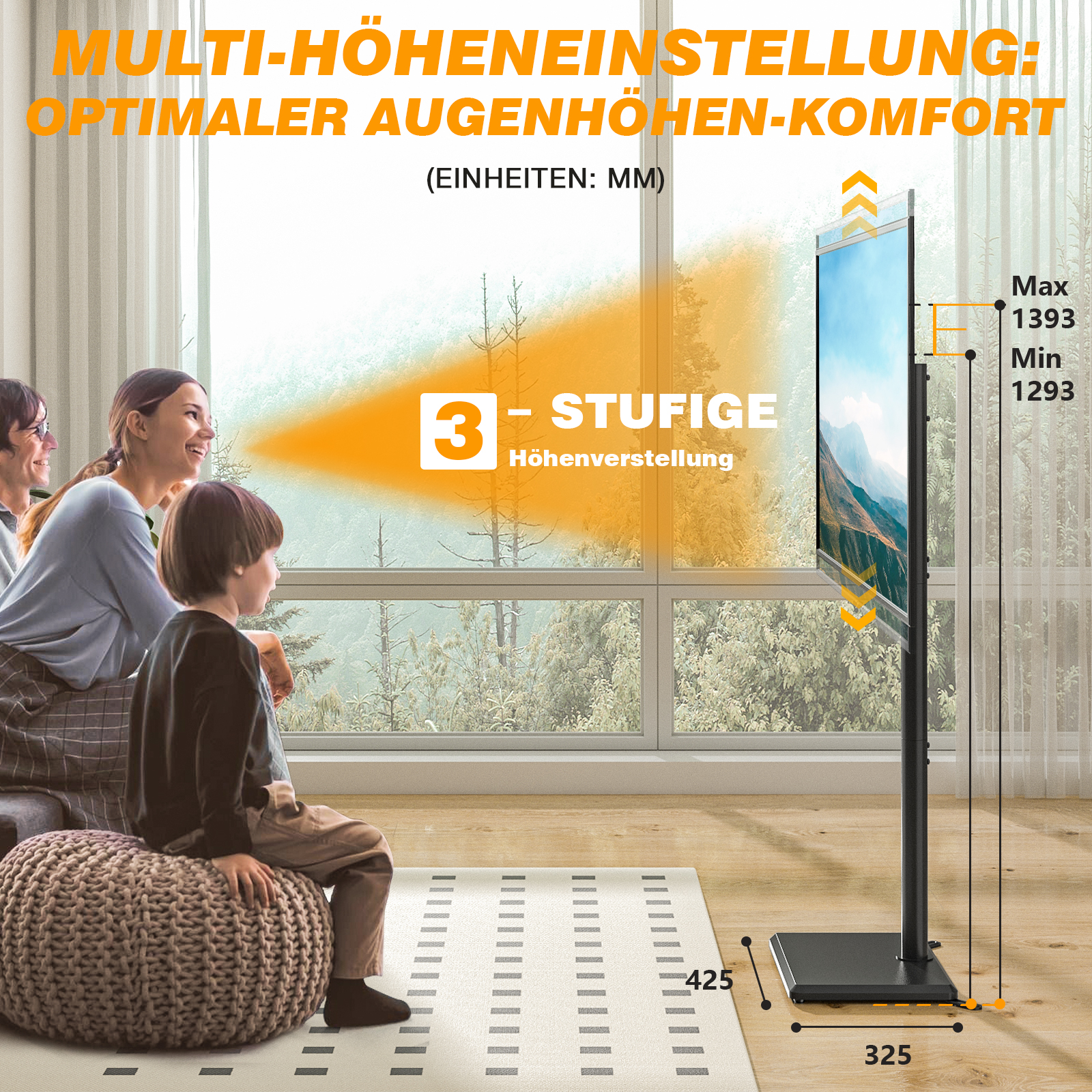 Eine Familie schaut fern. Der Fernseher ist auf einem verstellbaren Ständer montiert.