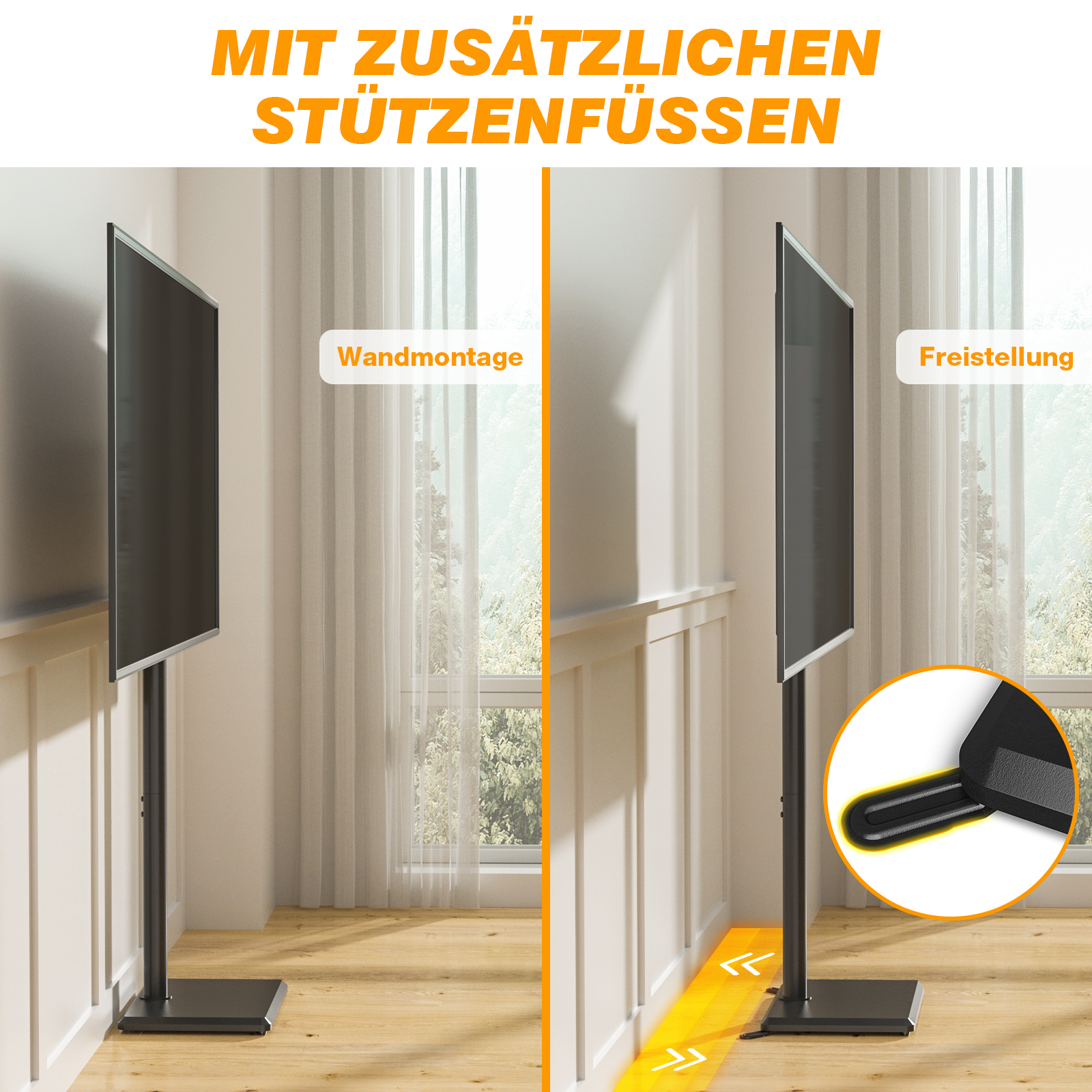 Zwei TV-Ständer nebeneinander: links Wandmontage, rechts freistehend mit Stützfuß.