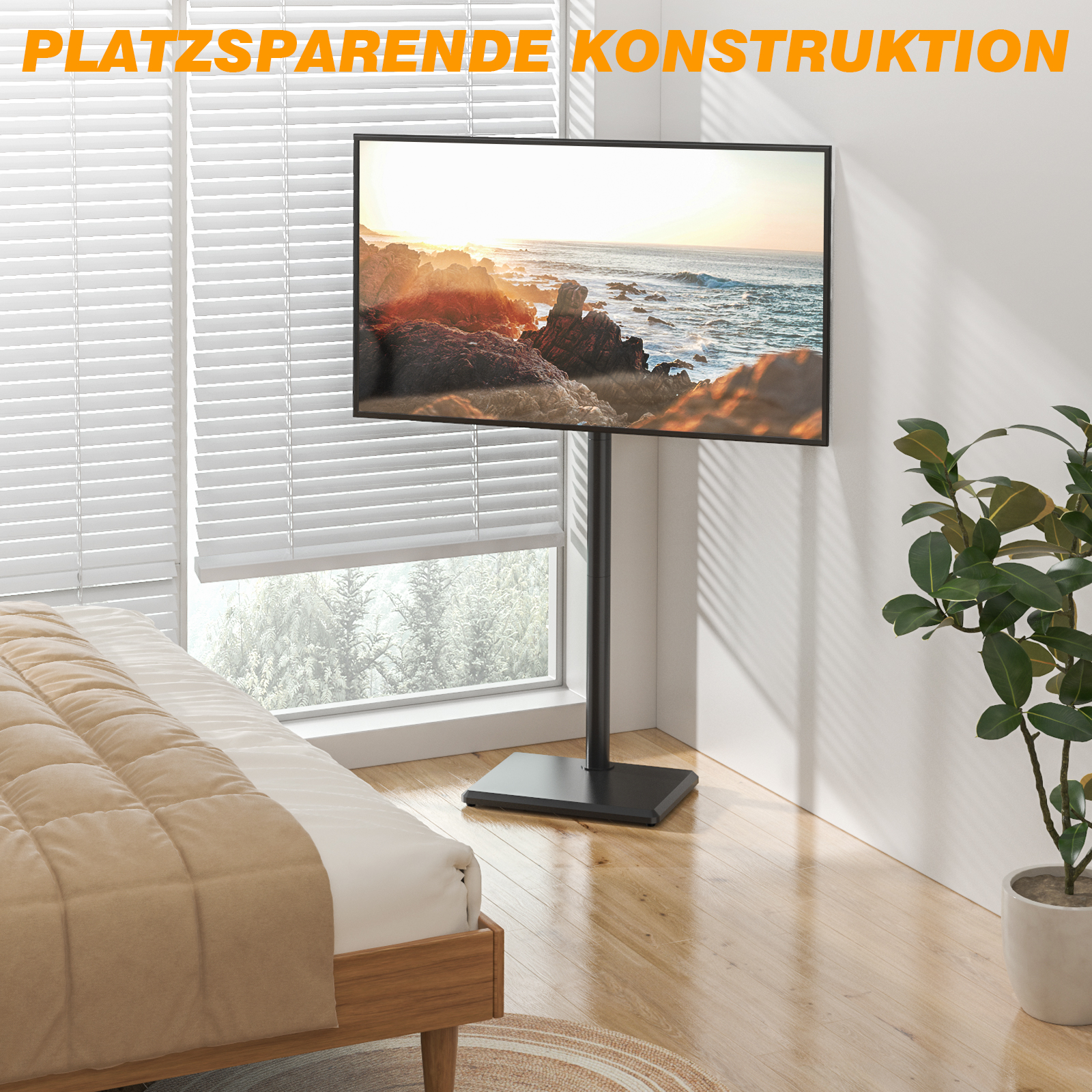 Ein moderner TV-Ständer mit einem Flachbildfernseher, der eine Küstenszene zeigt, in einem Schlafzimmer.