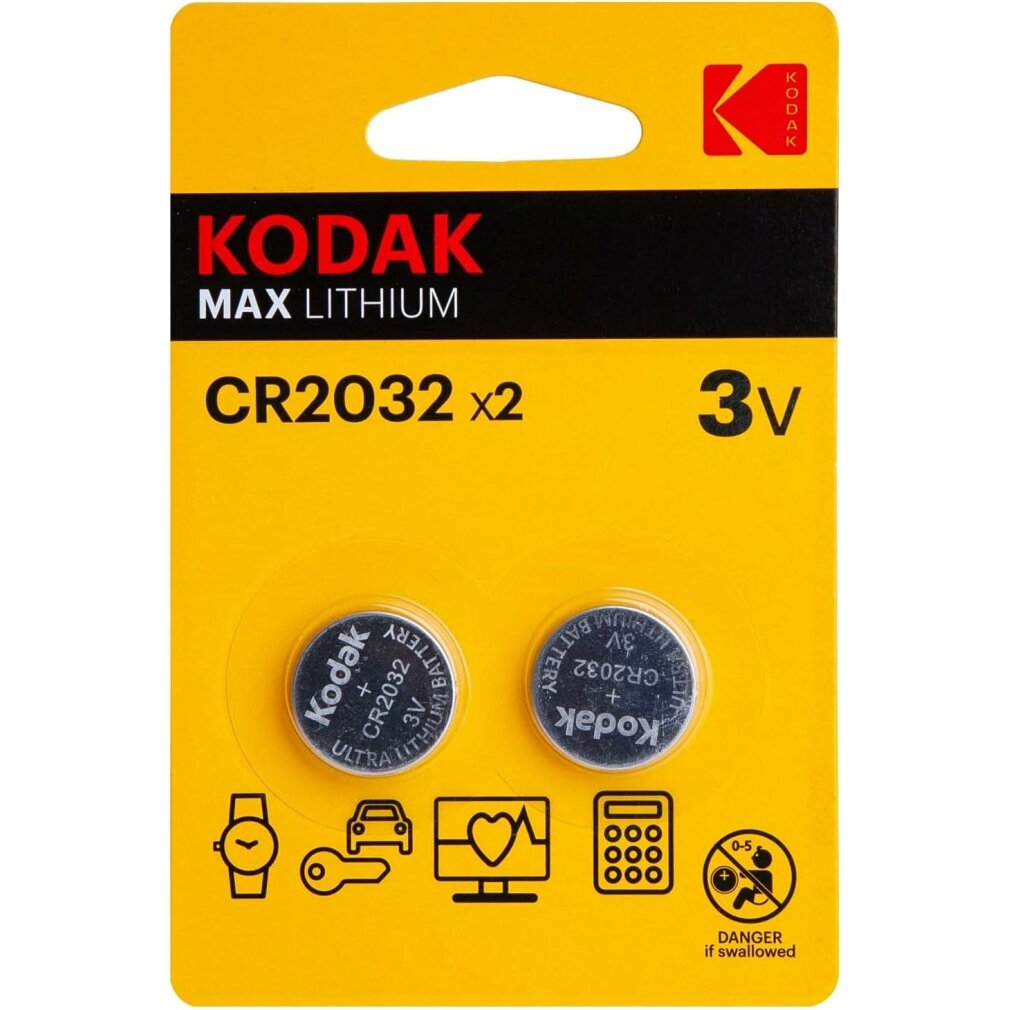 Verpackung mit zwei Kodak CR2032 3V Lithium-Knopfzellenbatterien.