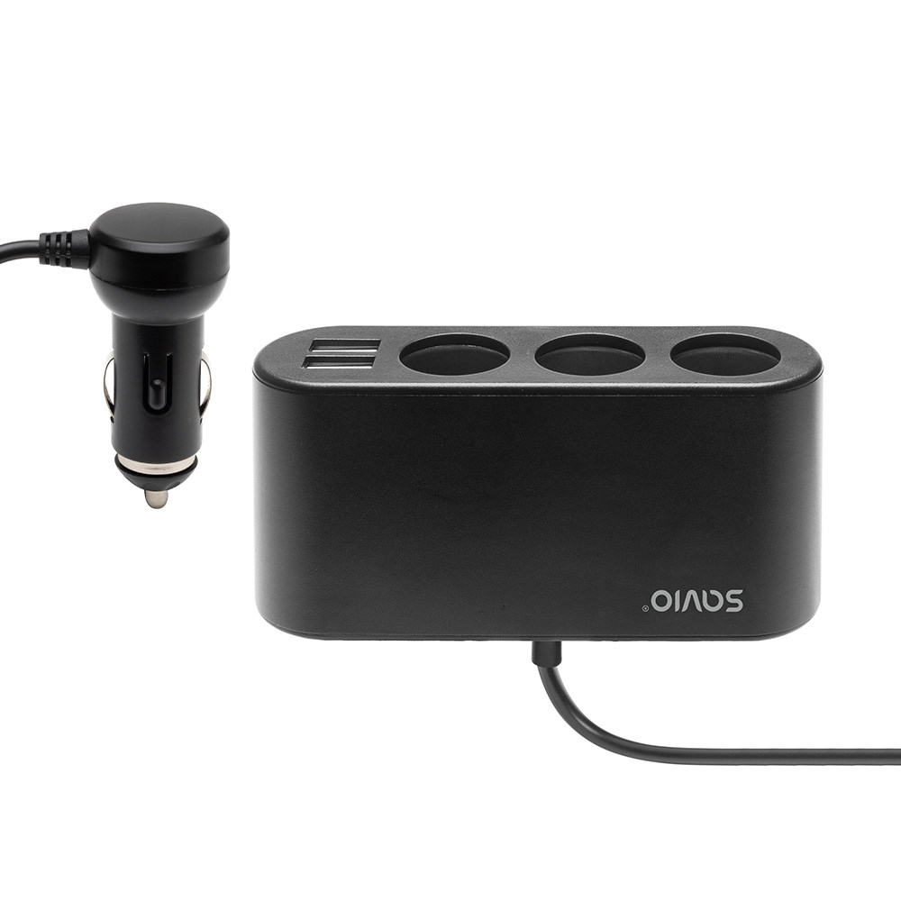 Czarny adapter samochodowy do zapalniczki z dwoma portami USB i trzema gniazdami.