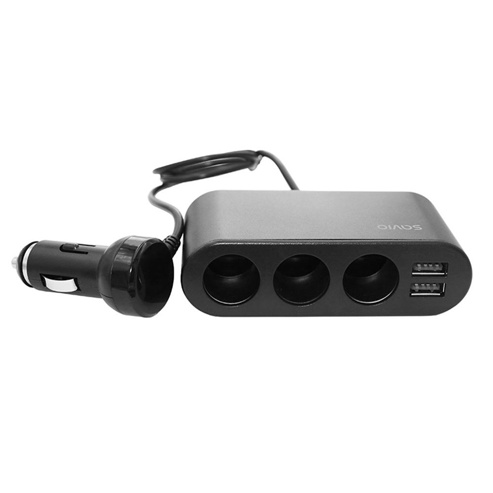 Czarny adapter samochodowy z 3 gniazdami zapalniczki i 2 portami USB.