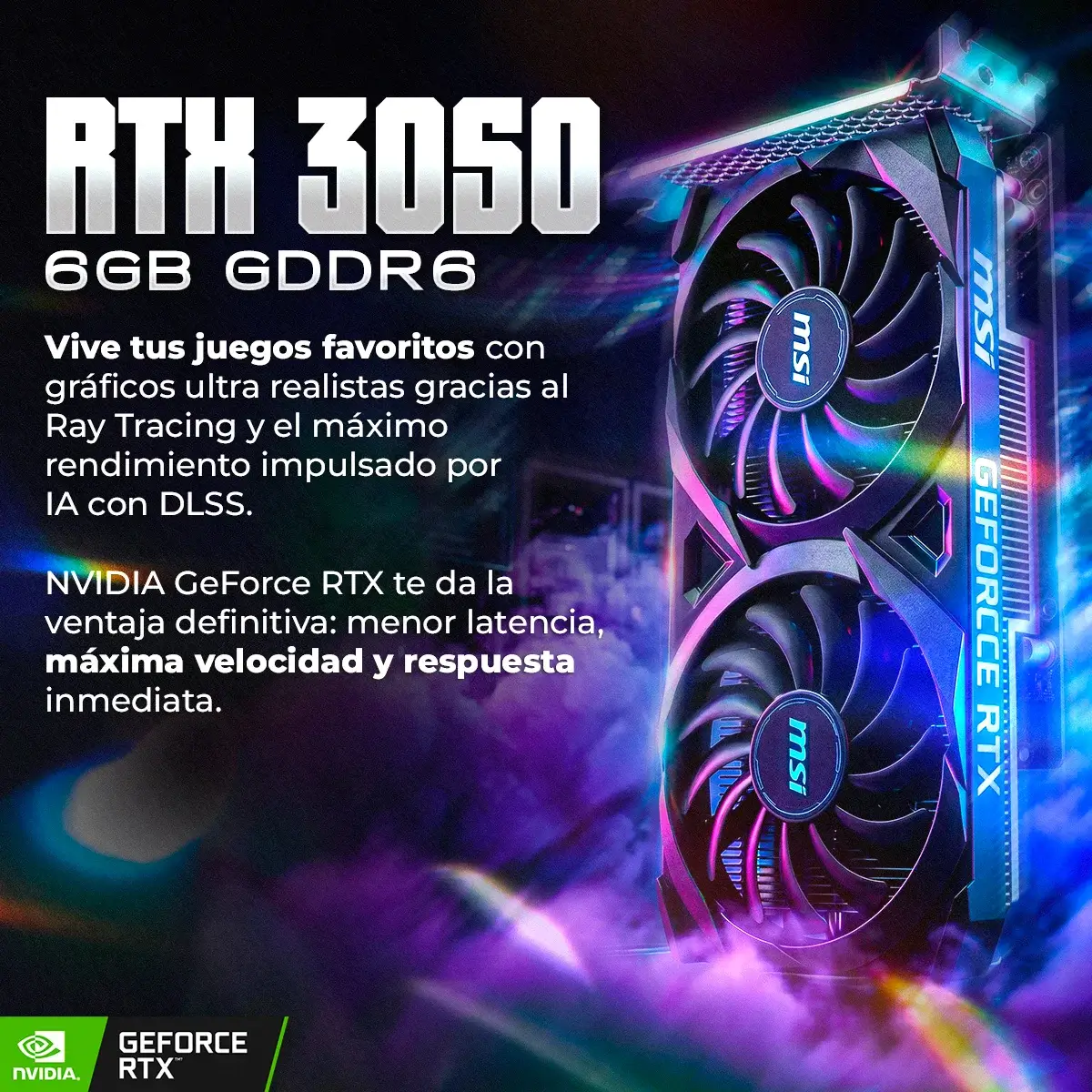 Scheda grafica MSI RTX 3050 con doppia ventola e illuminazione RGB.