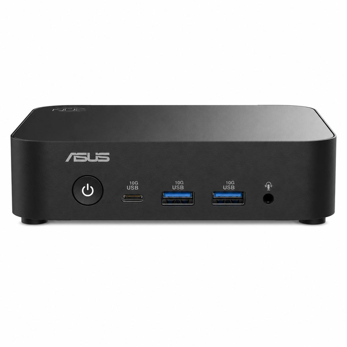 Siyah ASUS mini PC, ön tarafta USB bağlantı noktaları ve güç düğmesi.