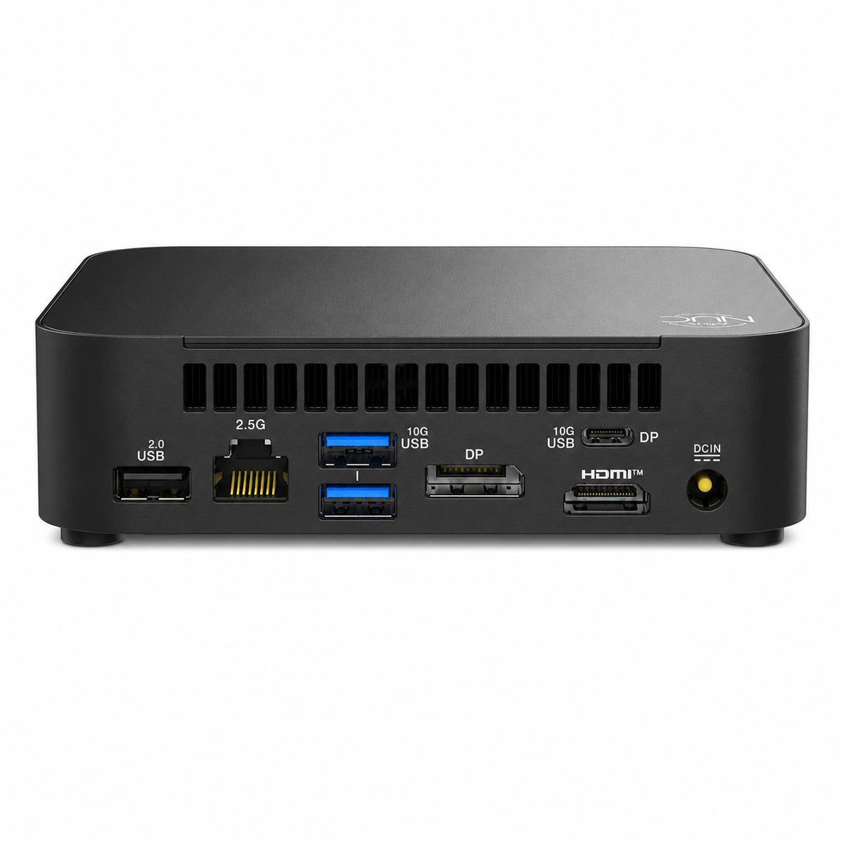 Siyah mini PC arka görünüm: USB, 2.5G, 10G USB, DP, HDMI, DCIN portları.