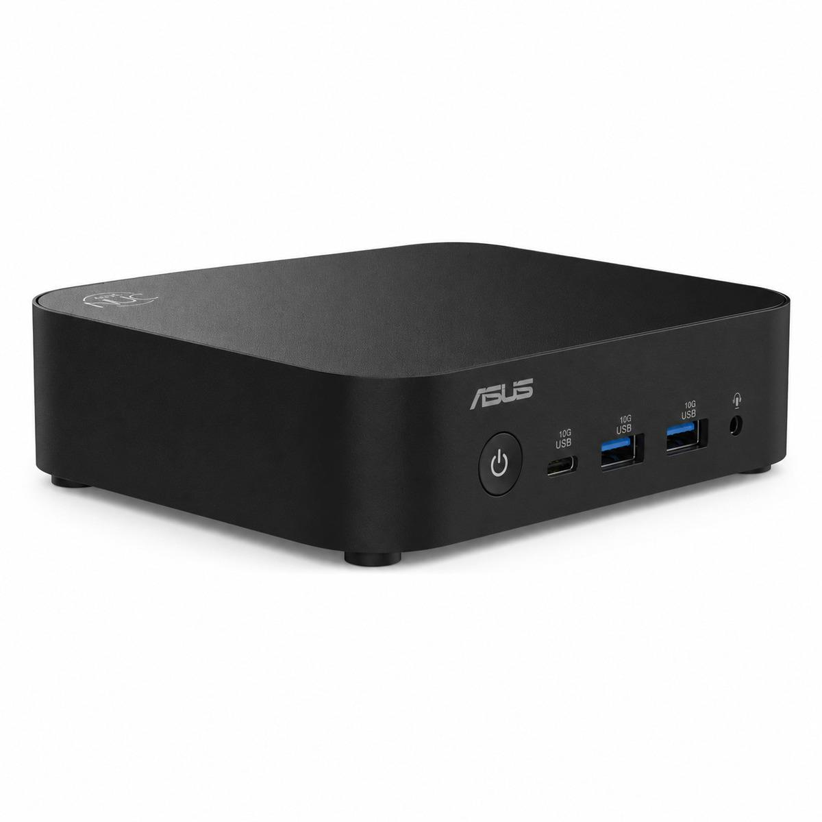 ASUS logolu, güç düğmeli ve USB portlu siyah mini PC.