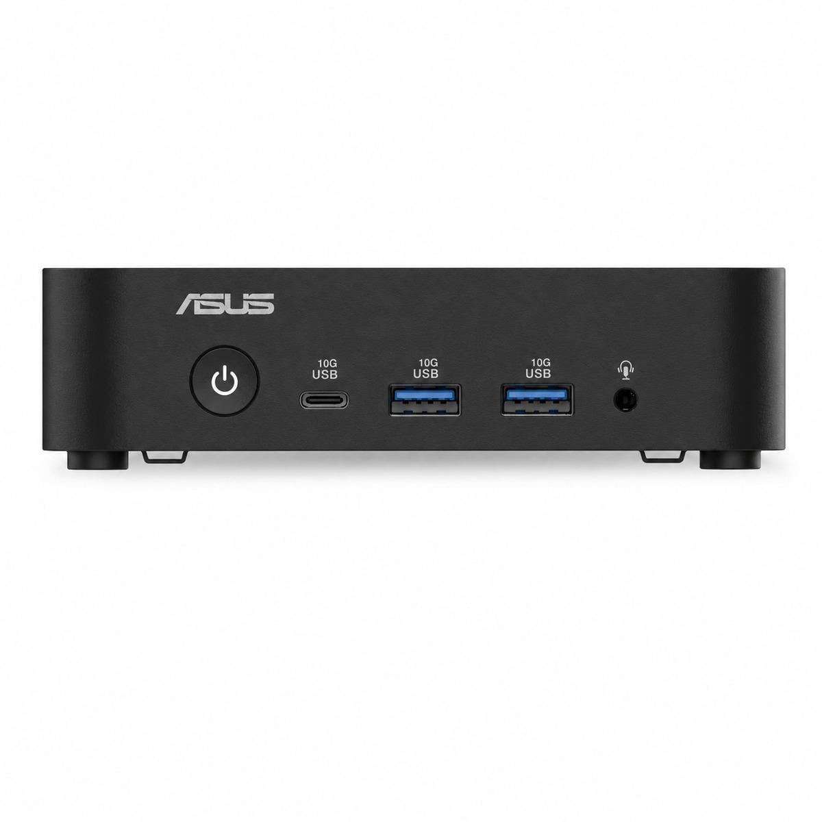 Güç düğmesi ve birden fazla USB bağlantı noktasına sahip siyah ASUS mini PC.