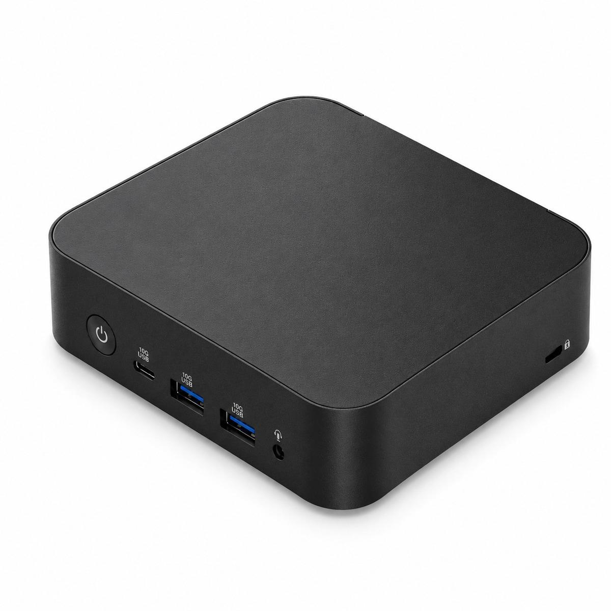 USB bağlantı noktaları ve güç düğmesi olan siyah mini PC.