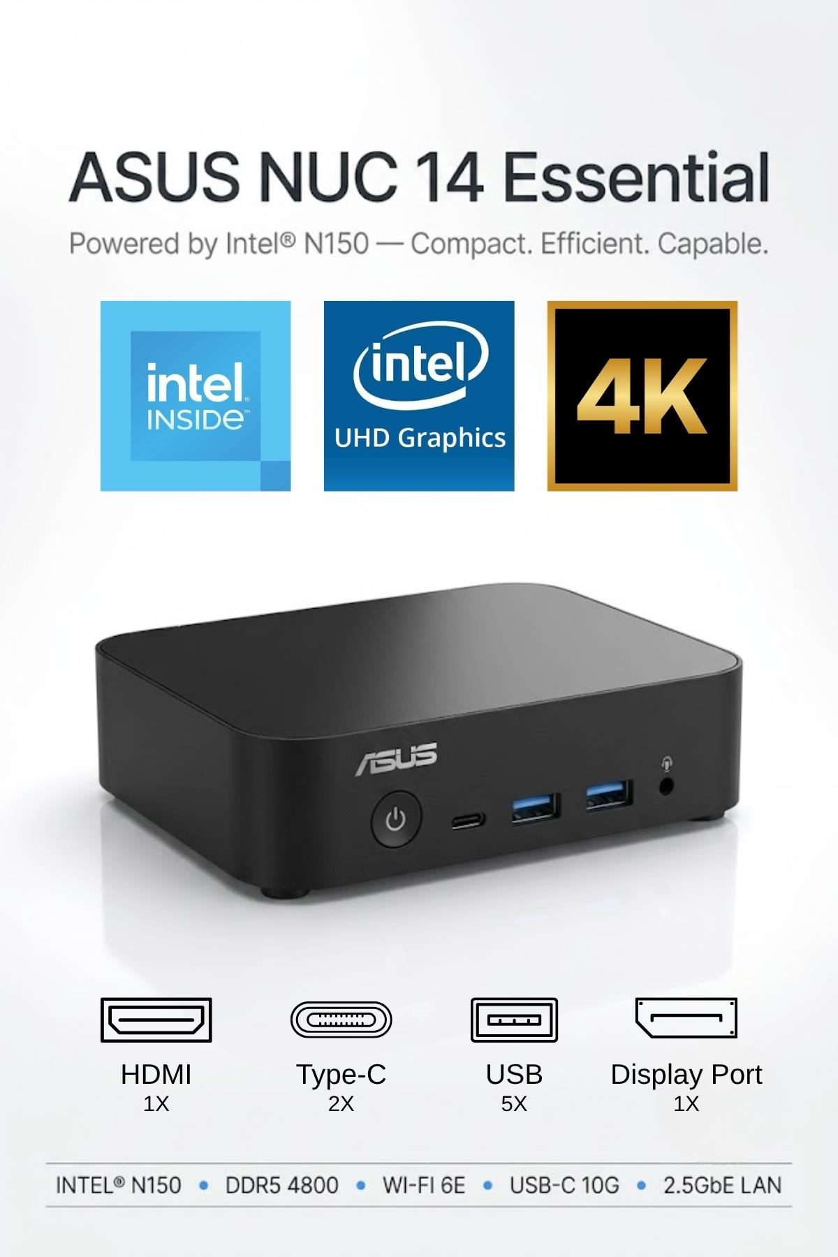 Intel logoları, bağlantı noktaları ve özellikleri gösteren siyah ASUS NUC 14 Essential PC.