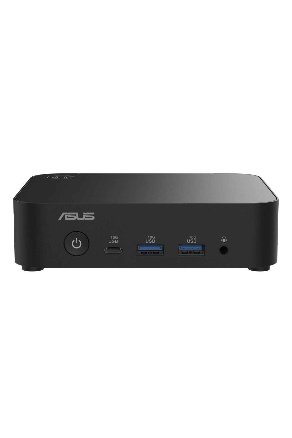 USB-C, 2x USB-A, güç düğmesi ve ses jaklı siyah ASUS NUC.