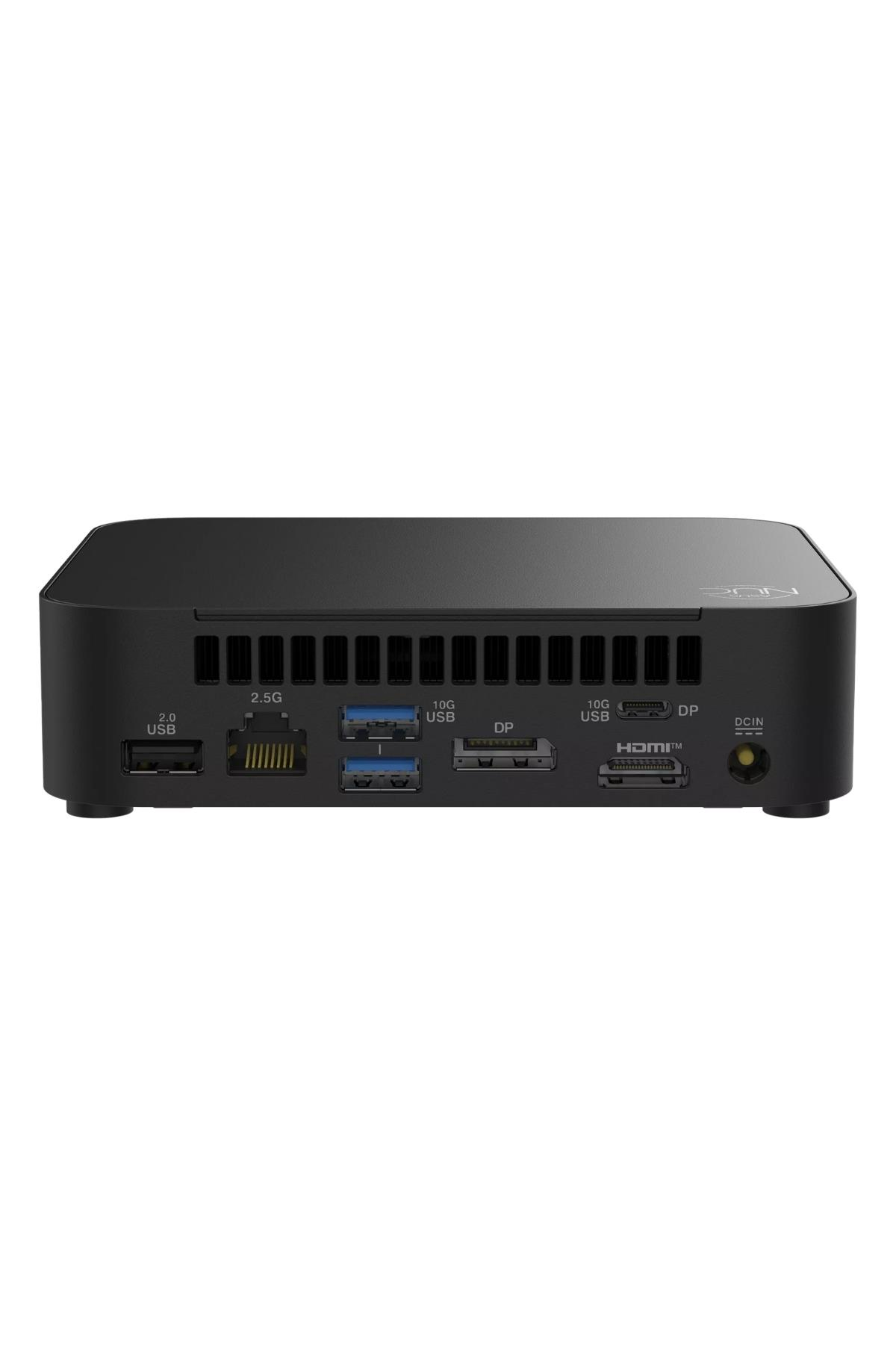 Siyah mini PC, havalandırma delikleri ve bağlantı noktaları: USB, 2.5G, 10G, DP, HDMI, DCIN.
