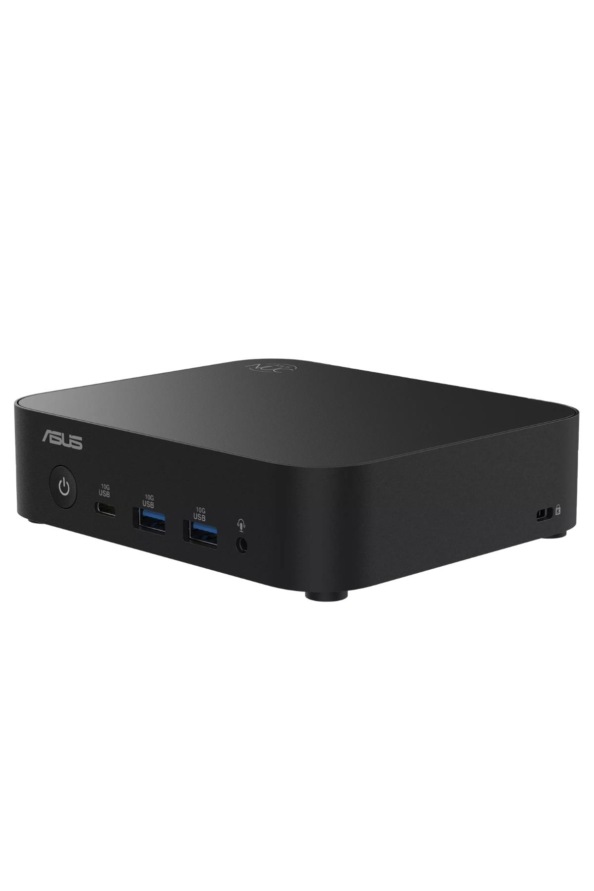 USB bağlantı noktaları ve güç düğmesi olan siyah bir Asus mini PC.