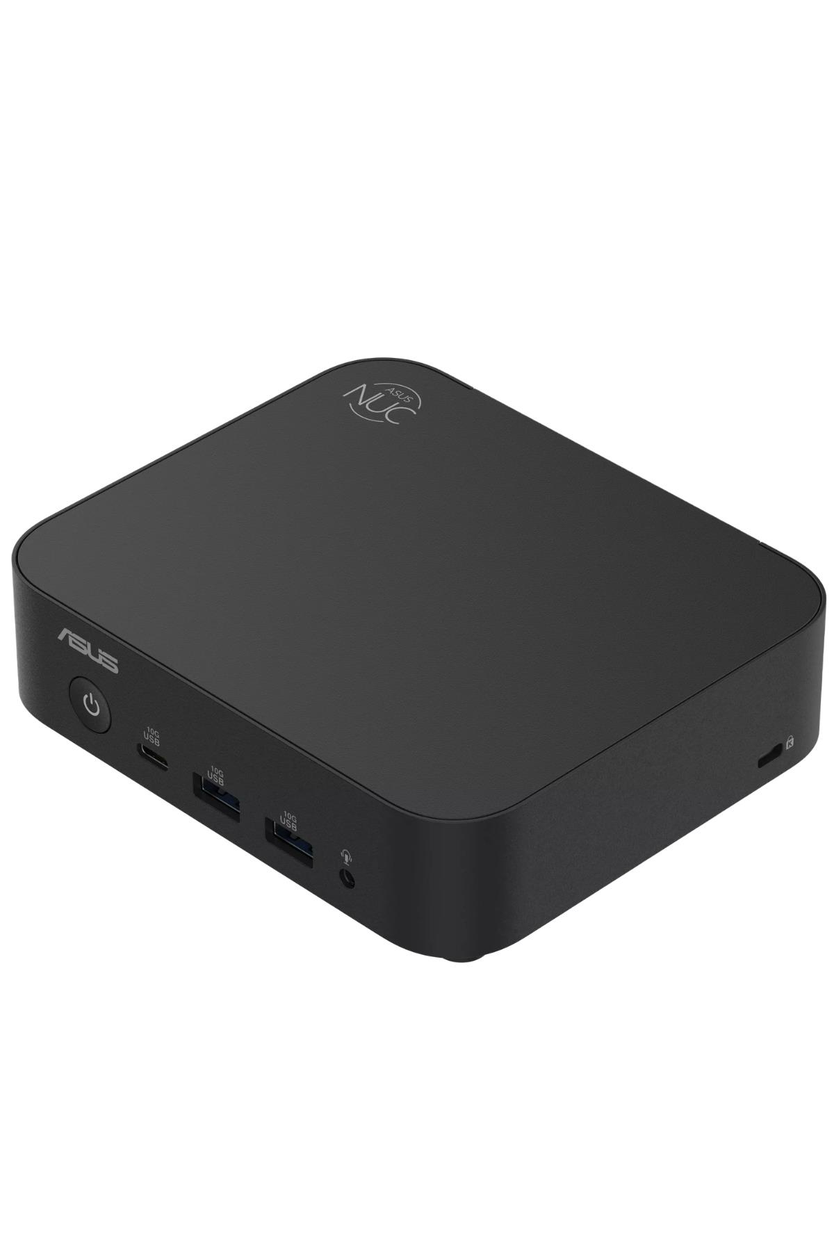 Siyah ASUS NUC mini PC, USB bağlantı noktaları ve güç düğmesi.