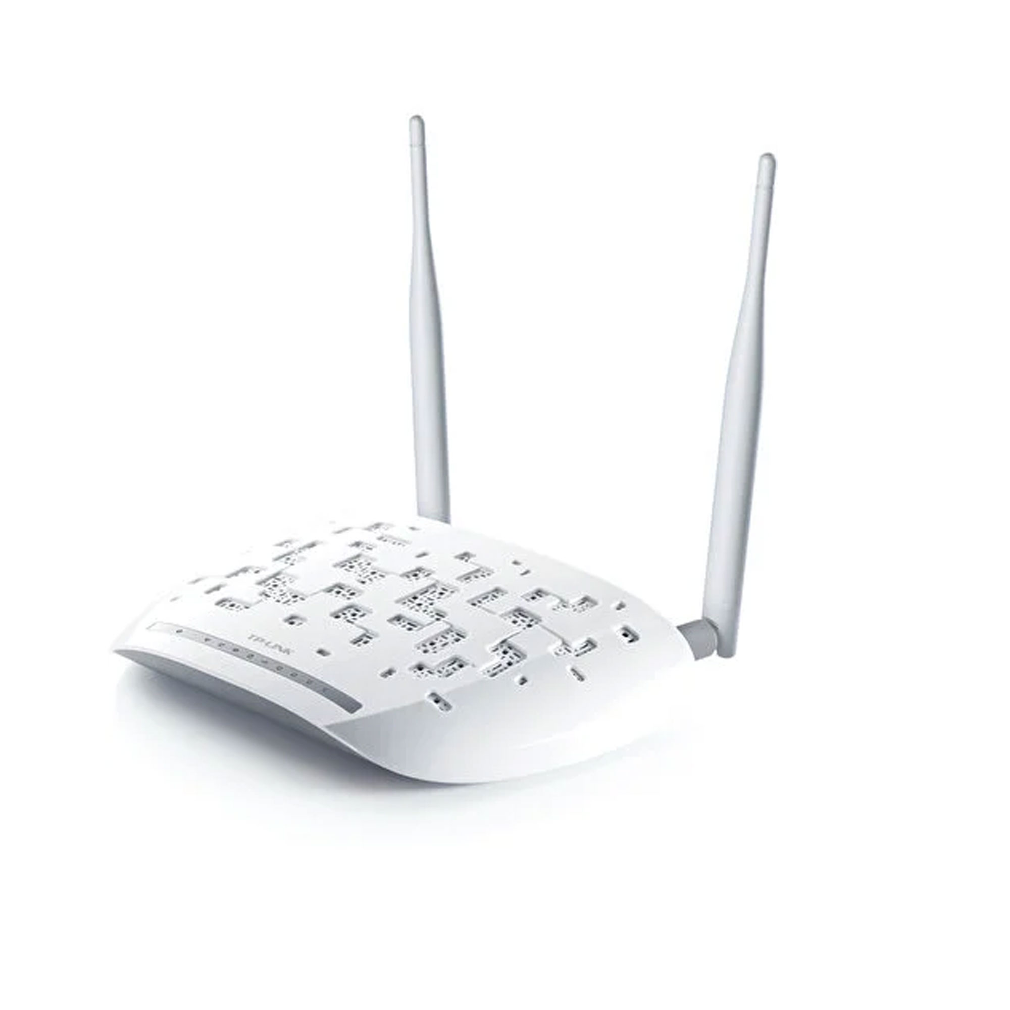 İki antenli beyaz TP-Link Wi-Fi yönlendirici beyaz arka planda gösterilmiştir.