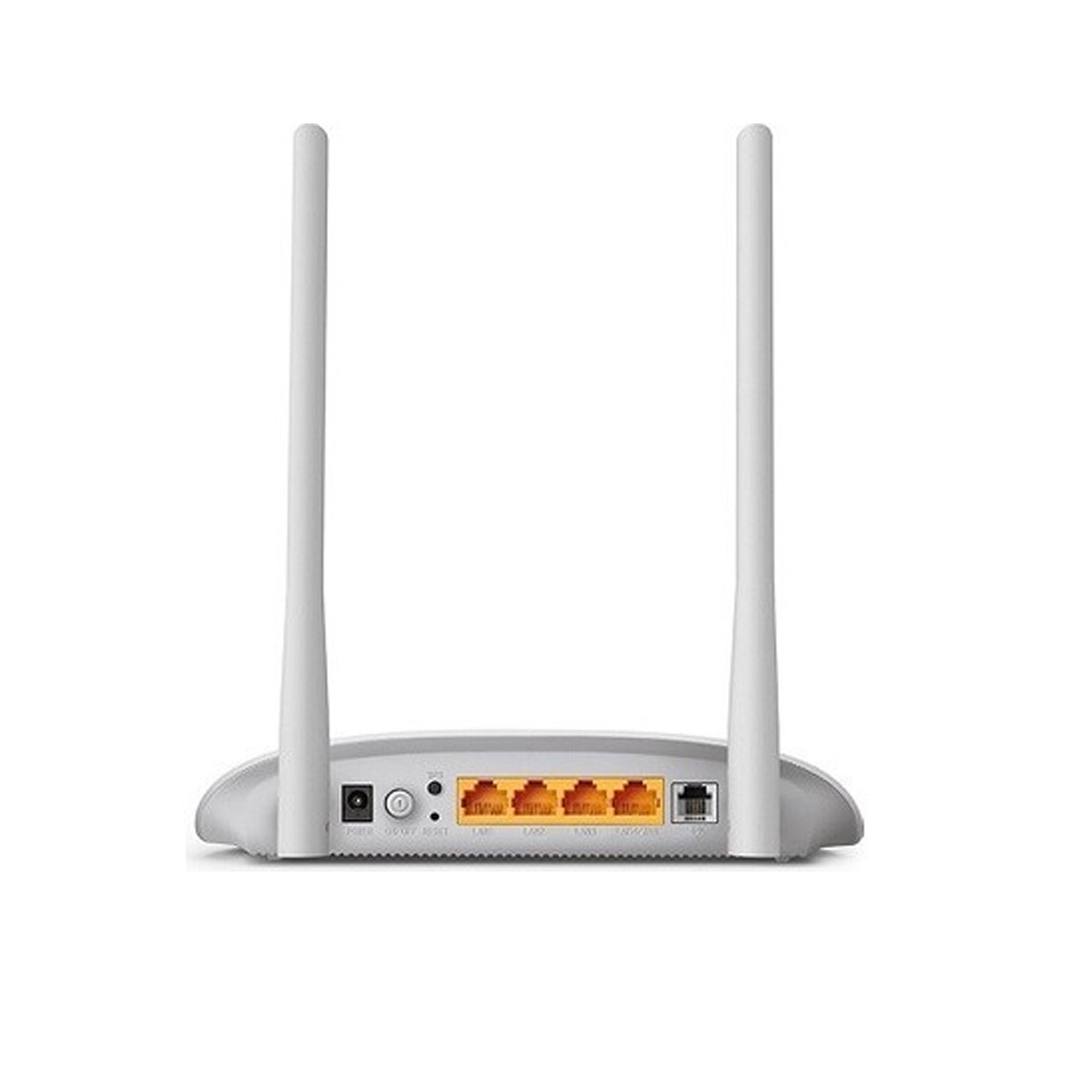 İki antenli ve dört LAN portlu beyaz bir WiFi yönlendirici.