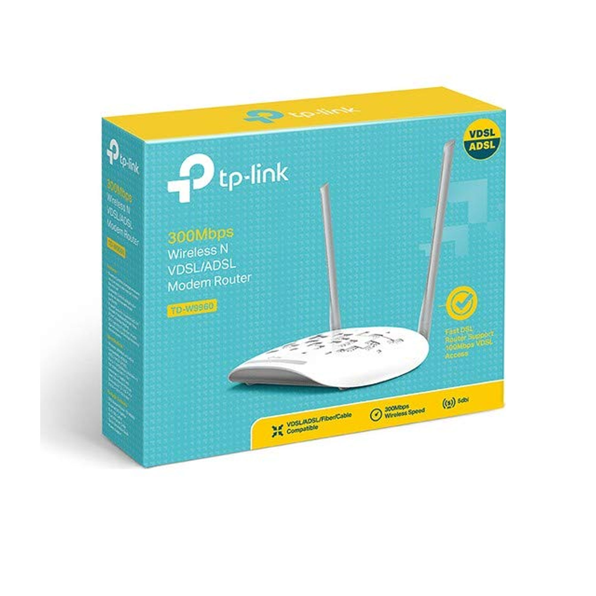 TP-Link VDSL/ADSL Modem Router TD-W9960 mavi ve sarı ambalaj üzerinde.