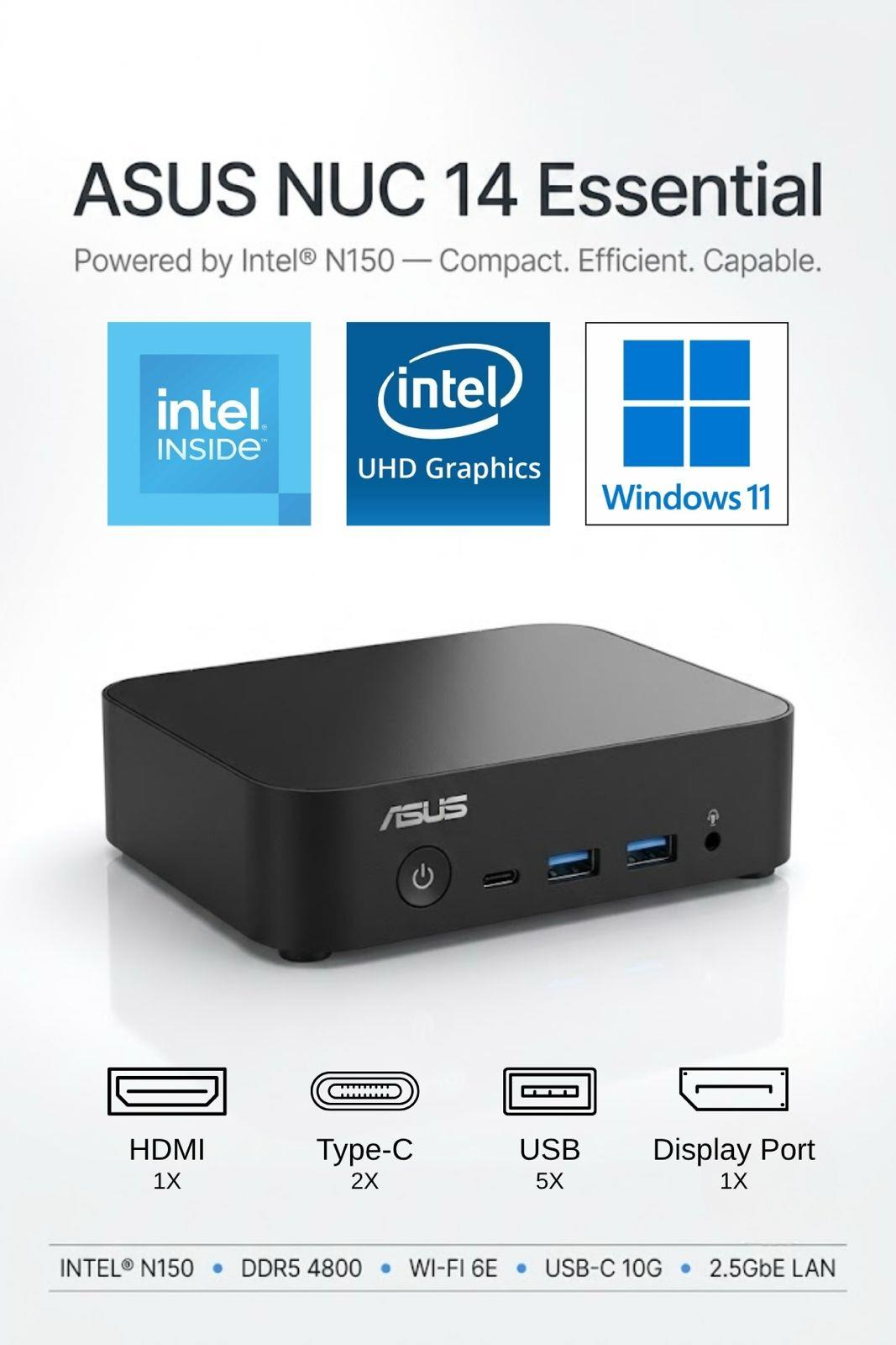 Intel logosu ve bağlantı noktalarına sahip kompakt siyah ASUS NUC 14 Essential PC.