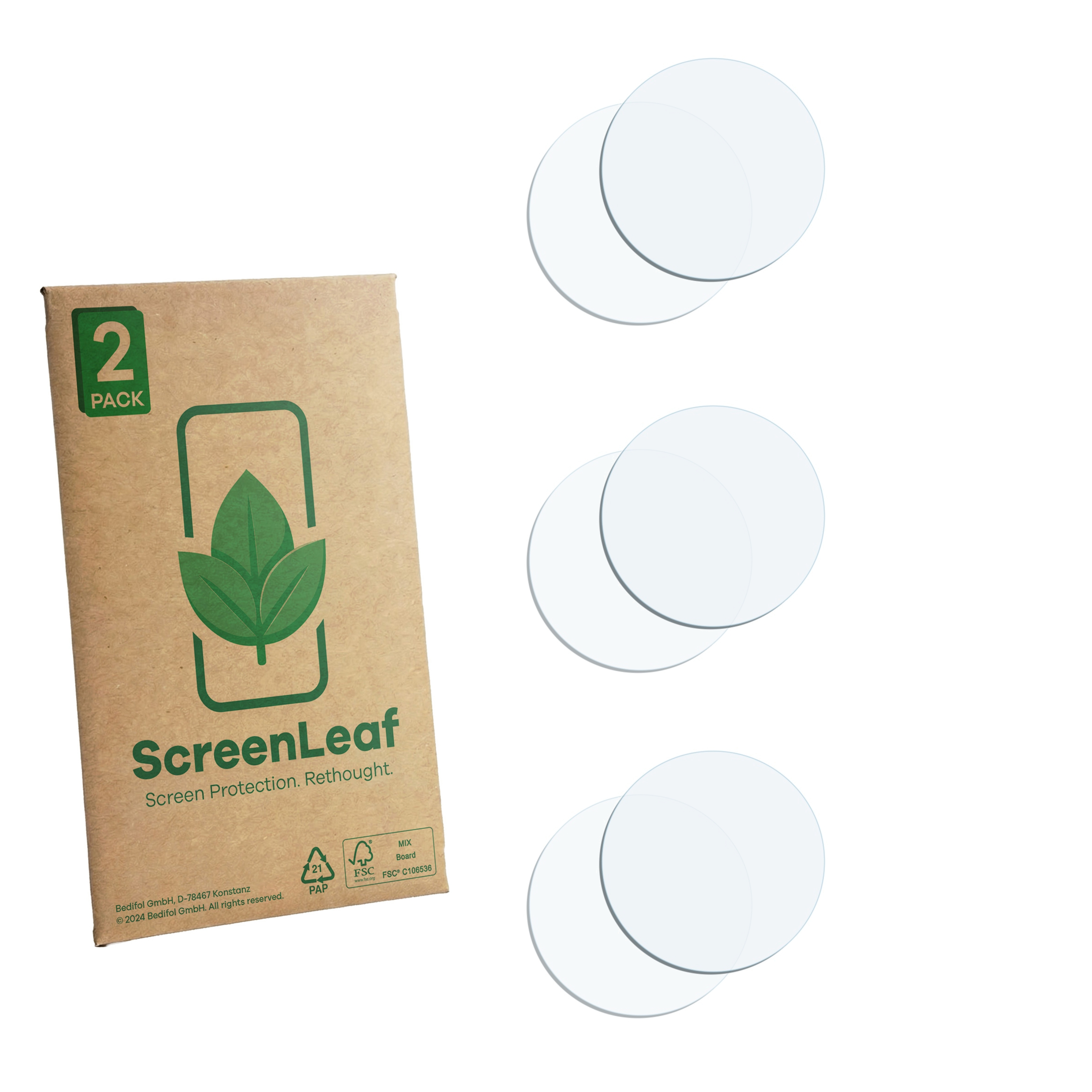 Eine braune Packung mit zwei runden Glasprotektoren auf weißem Hintergrund.