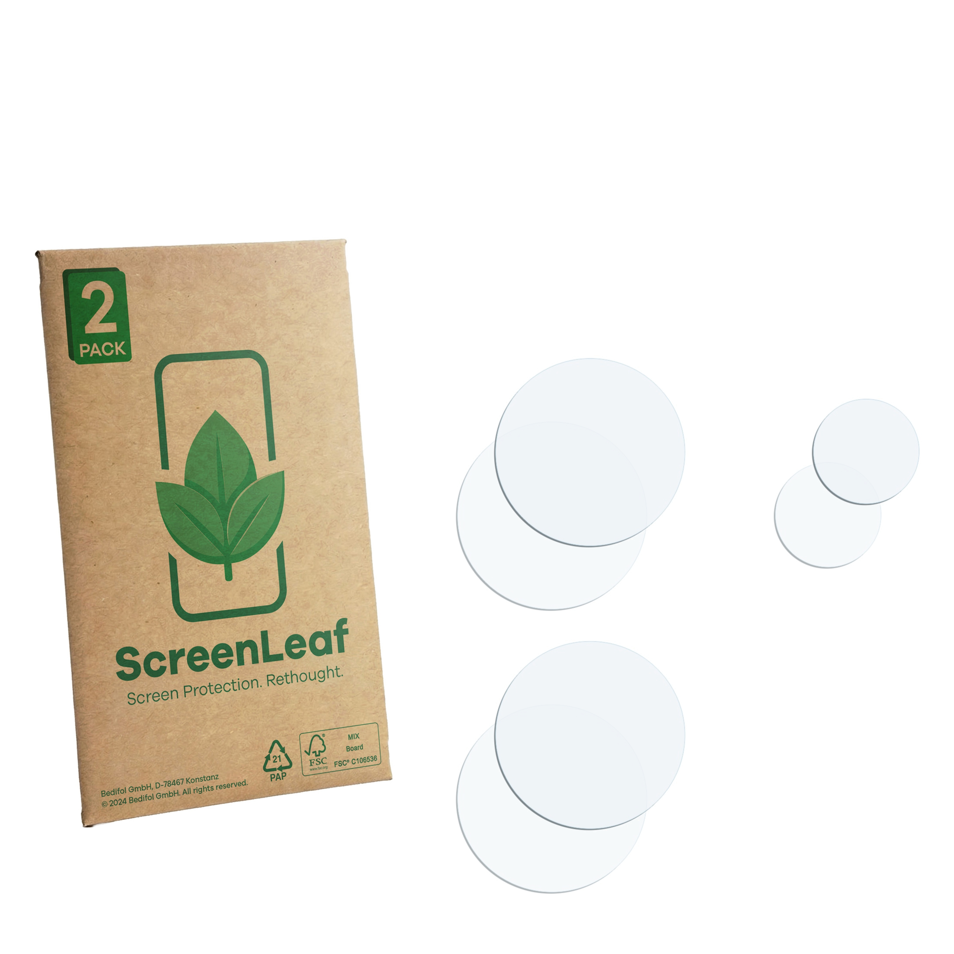 Eine braune Packung mit "ScreenLeaf" und zwei runden Displayschutzfolien.