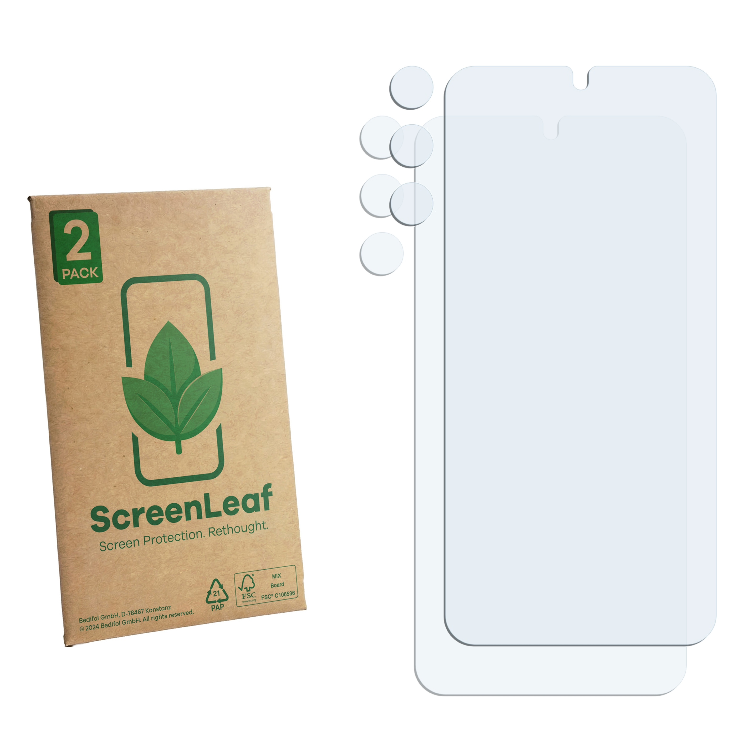 Zwei Displayschutzfolien und eine Verpackung mit Blattlogo.