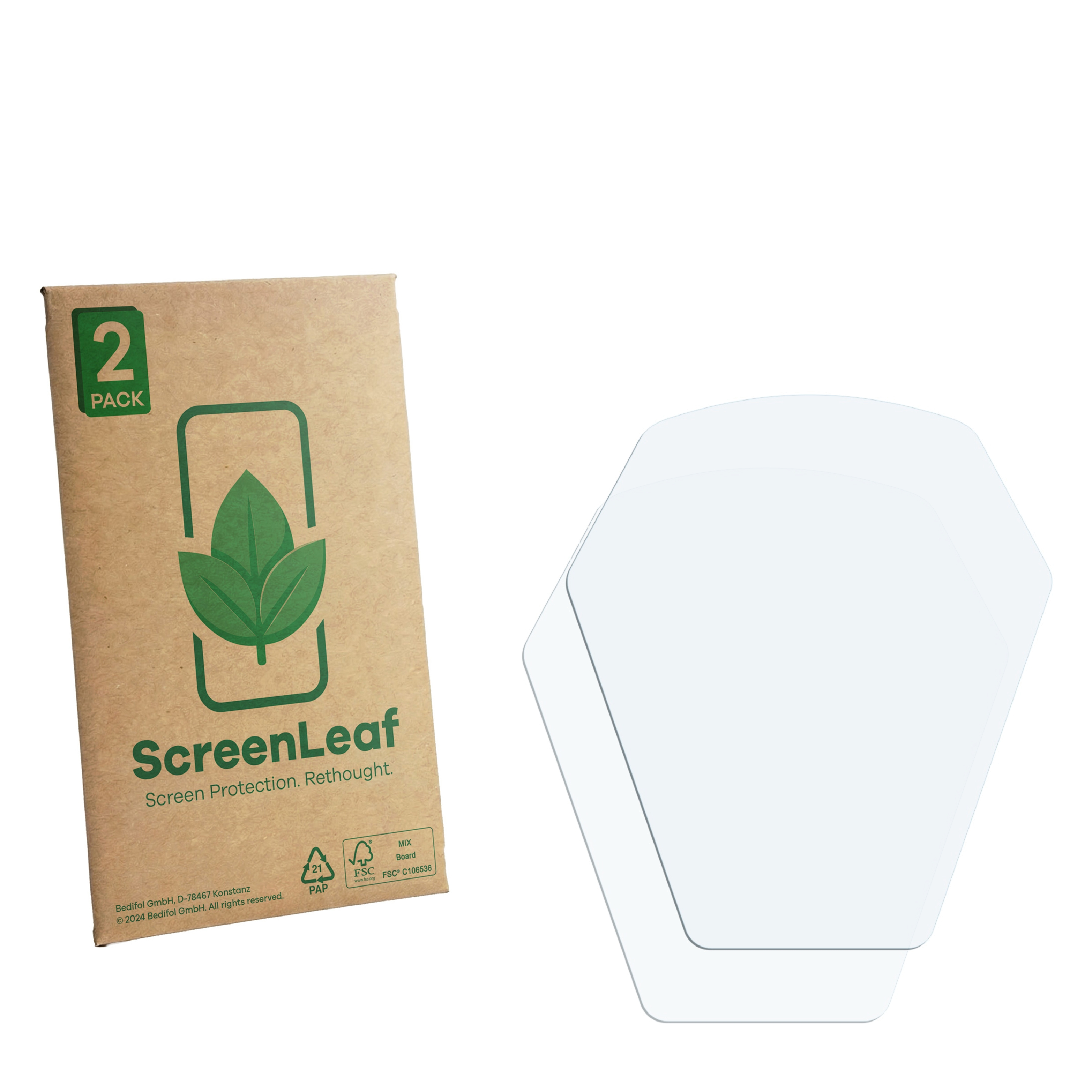 Eine Packung mit 2 Displayschutzfolien neben einer braunen Verpackung mit Logo.