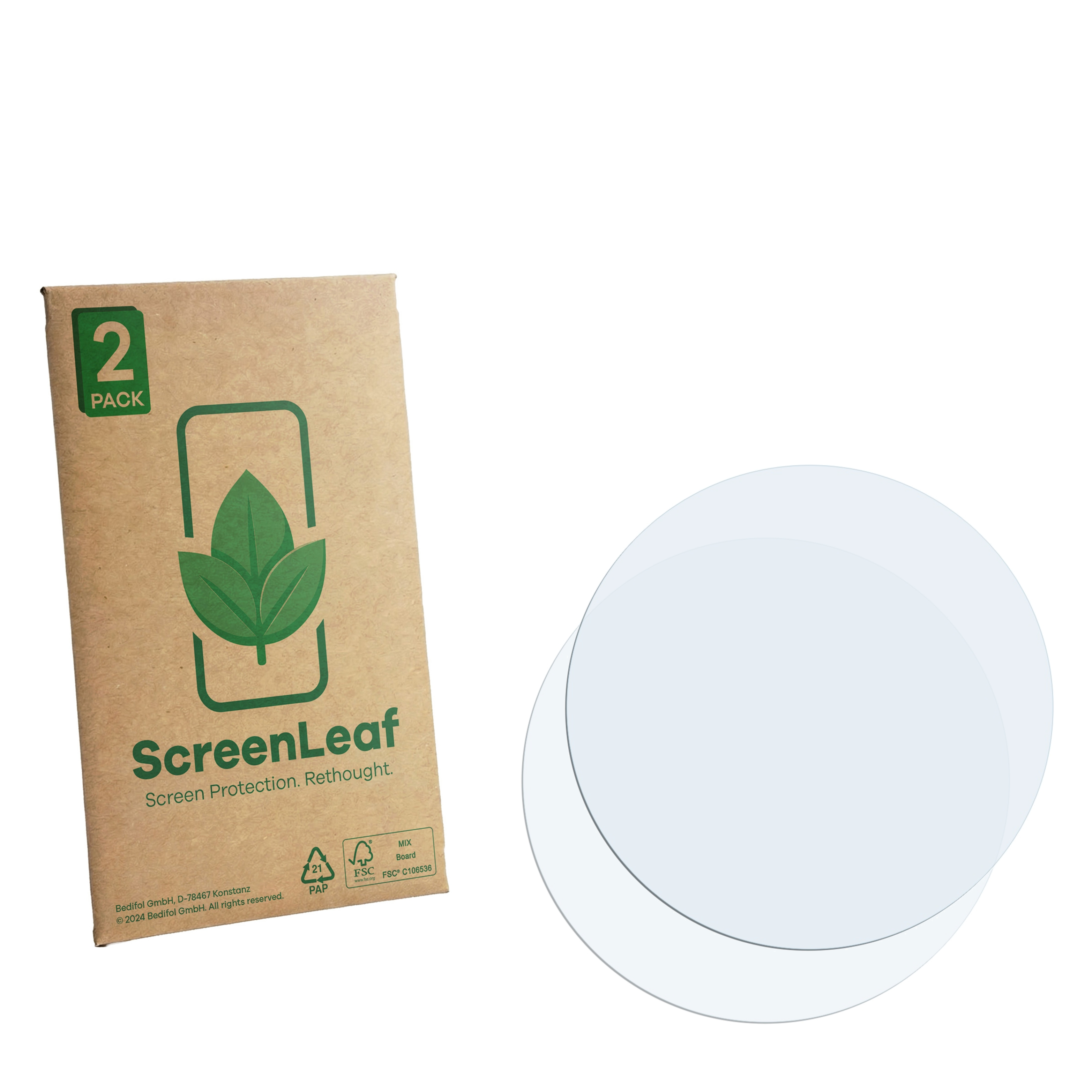 Zwei runde, durchsichtige Displayschutzfolien neben einer braunen Verpackung.