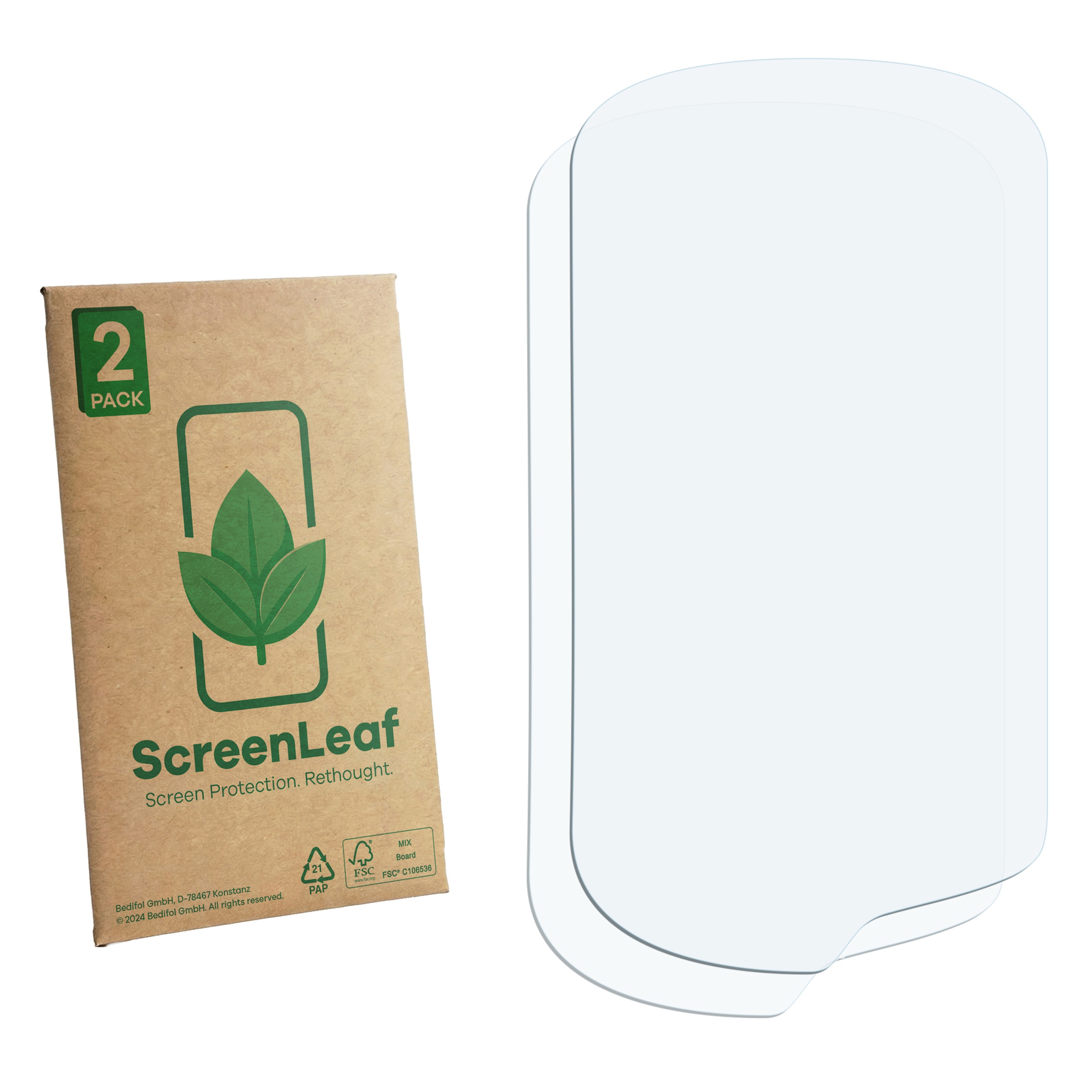 Zwei durchsichtige Displayschutzfolien neben einer braunen Verpackung mit grüner Schrift.