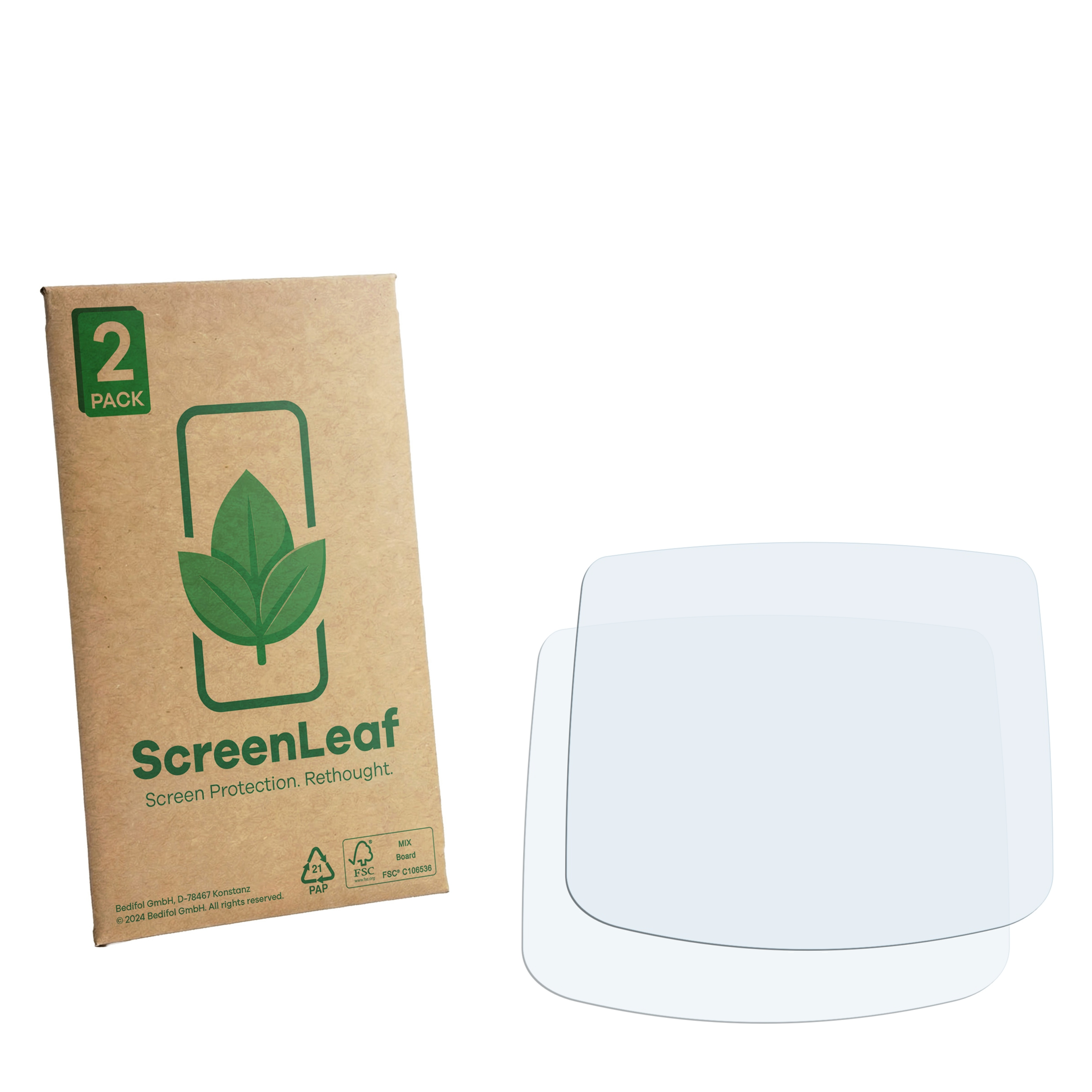 Ein Pack mit zwei Displayschutzfolien neben einer braunen Verpackung.