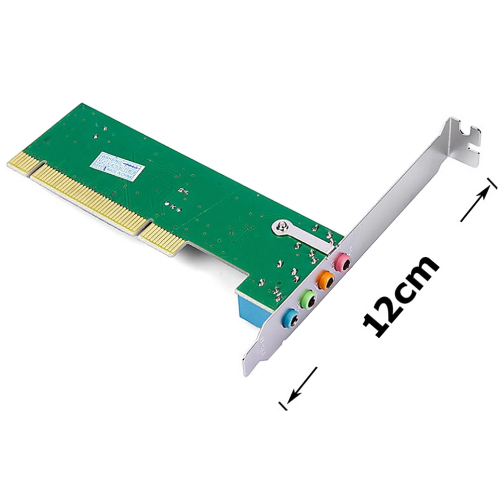 Grüne Platine mit Goldstecker und farbigen Audioanschlüssen. 12cm Beschriftung.