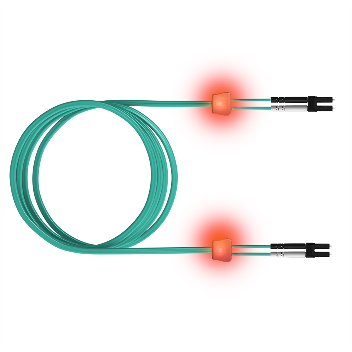 Zwei türkise Glasfaserkabel mit orangefarbenen Steckern und rotem Leuchten.