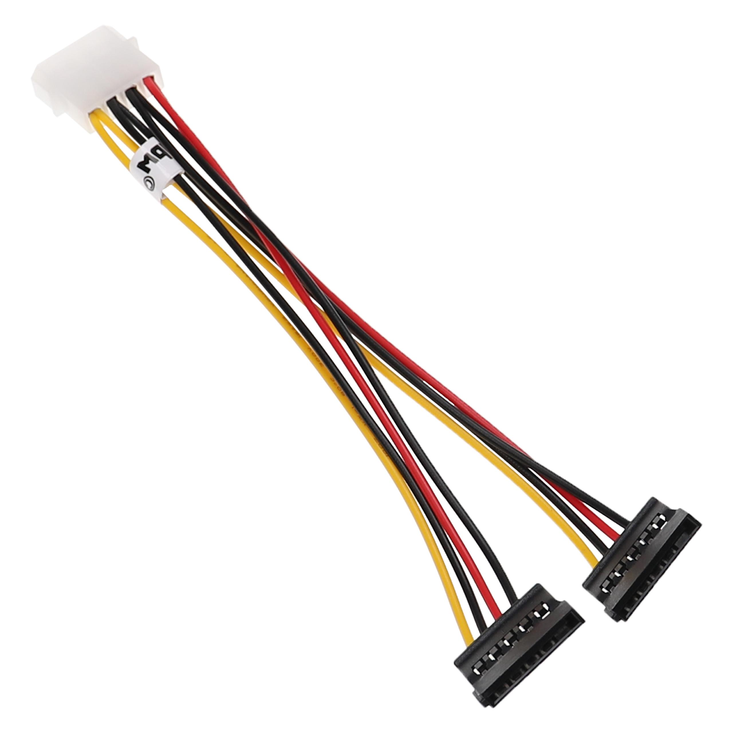 Ein weißes 4-Pin-Molex-zu-Dual-SATA-Stromadapterkabel mit roten, schwarzen und gelben Kabeln.