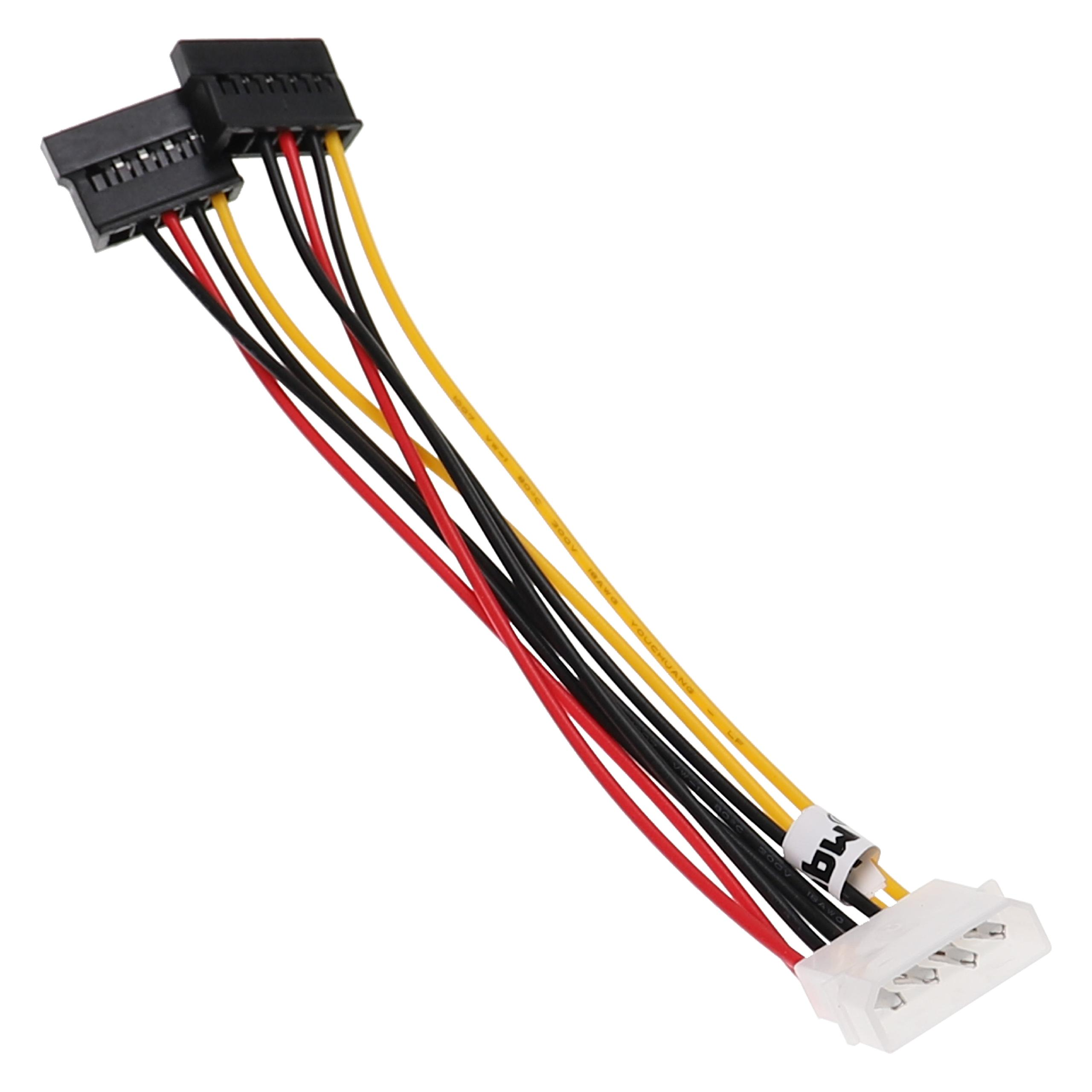 Ein Adapterkabel mit schwarzen, roten und gelben Drähten. Zwei schwarze Stecker und ein weißer Stecker.