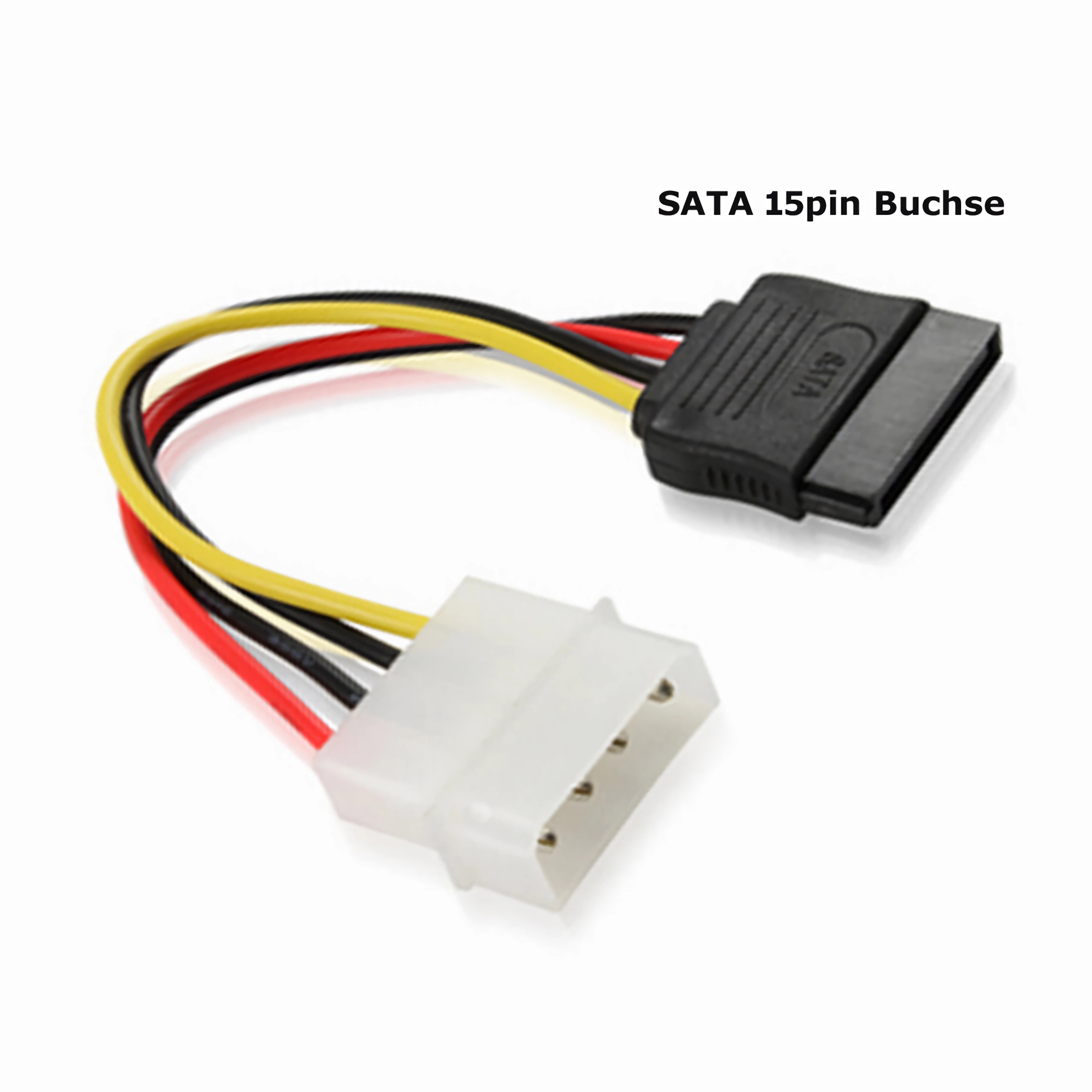 Ein weißer 4-Pin auf schwarzer SATA-Adapter mit roten, gelben und schwarzen Kabeln.