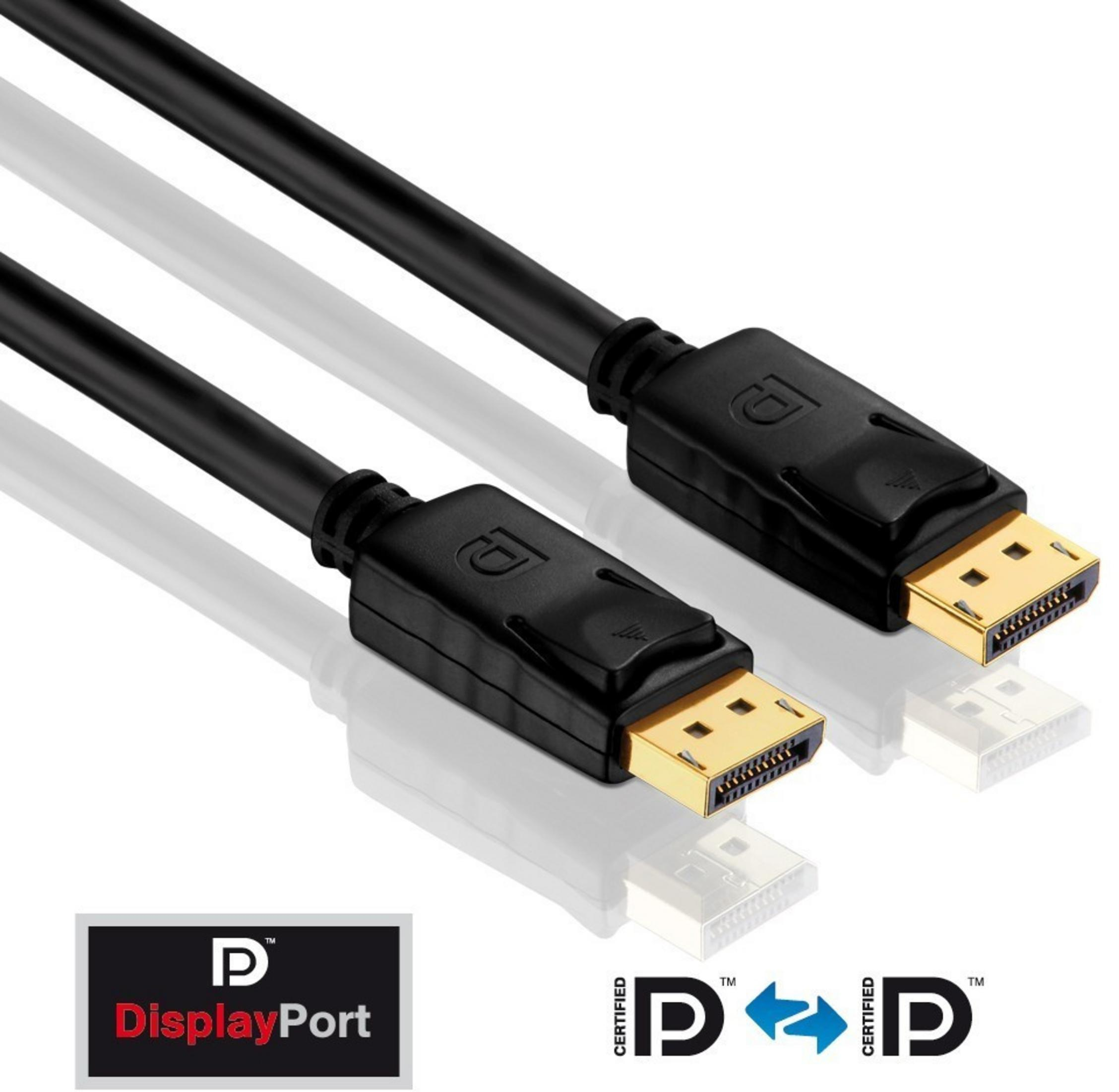 Zwei schwarze DisplayPort-Kabel mit goldenen Steckern auf weißem Hintergrund.