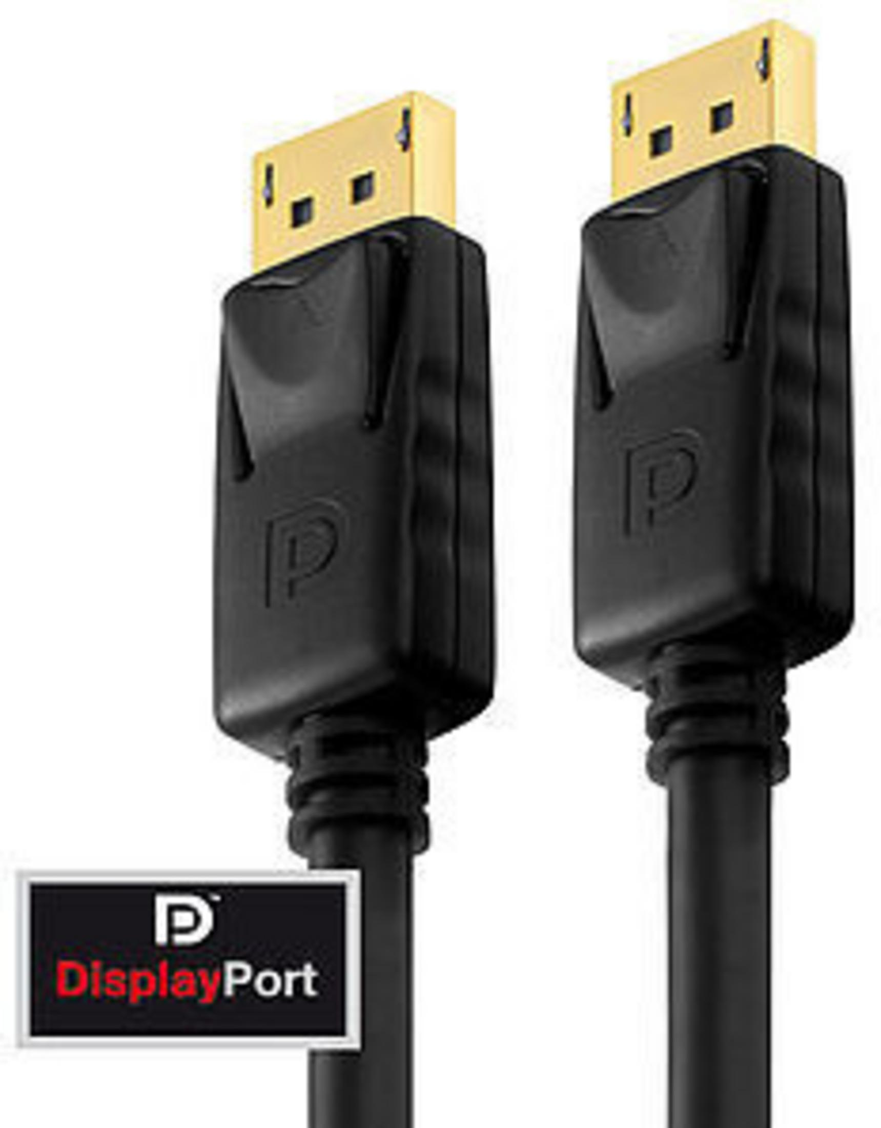 Zwei schwarze DisplayPort-Kabel mit goldenen Steckern und einem DisplayPort-Logo auf dem Kabel.