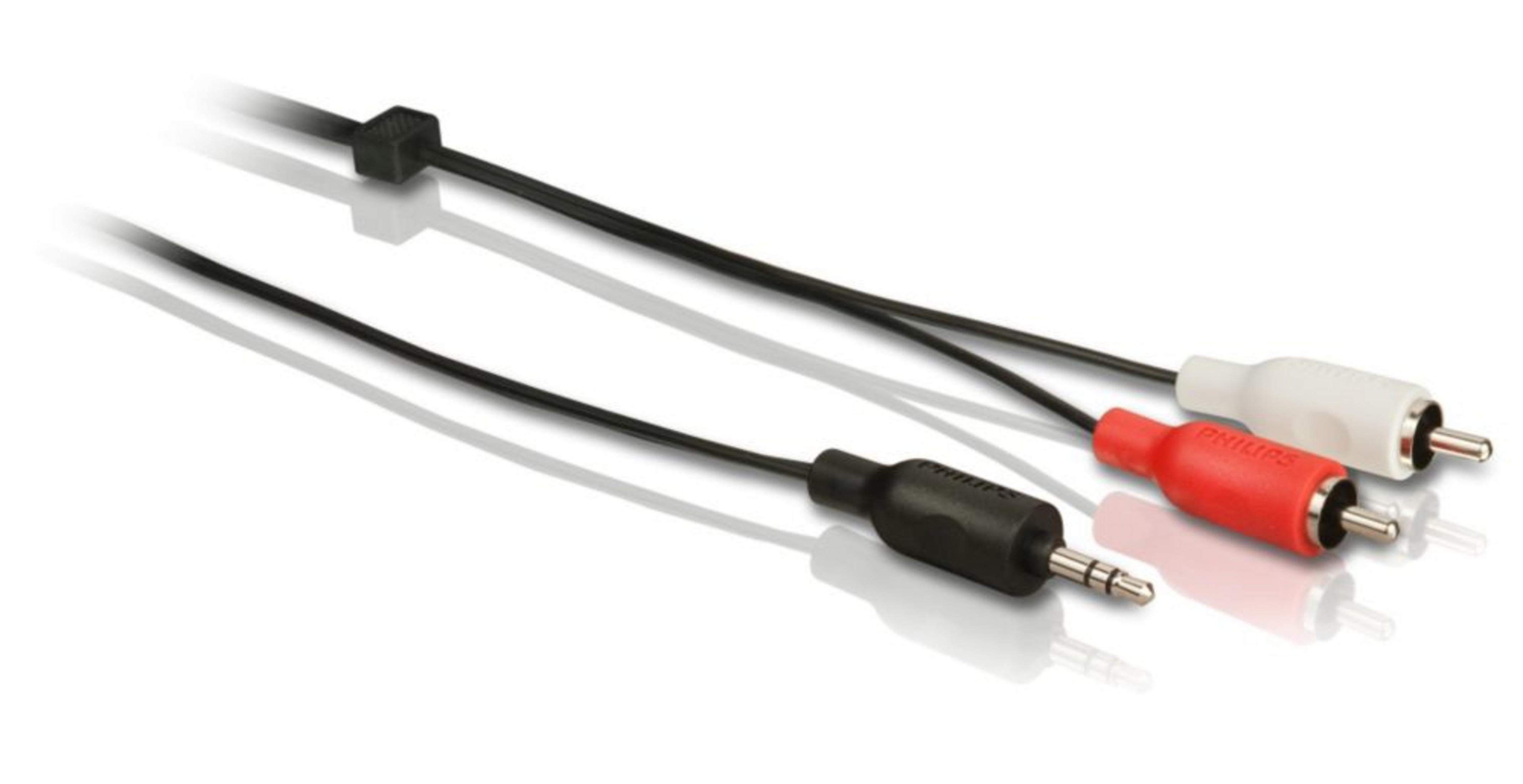 Ein schwarzes Kabel mit 3,5-mm-Stecker und roten/weißen RCA-Steckern.