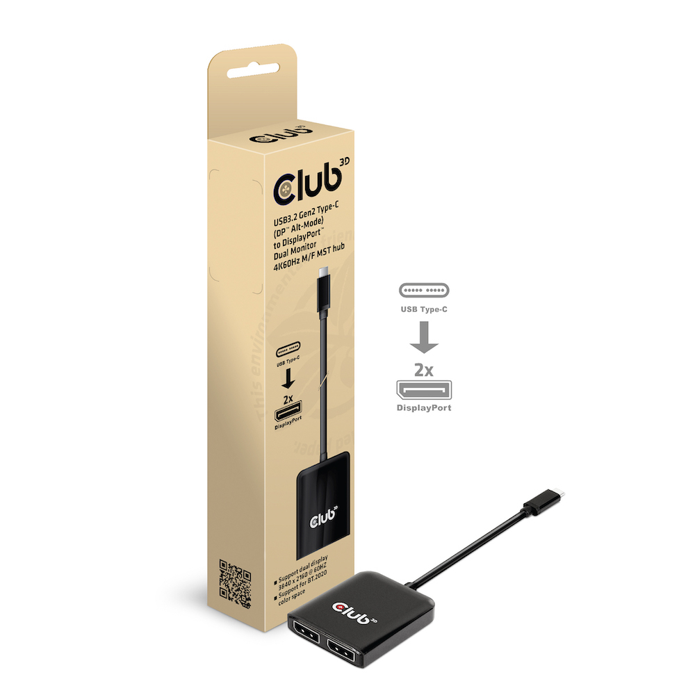 Club 3D USB-C MST Hub mit zwei DisplayPort-Anschlüssen, 4K60Hz